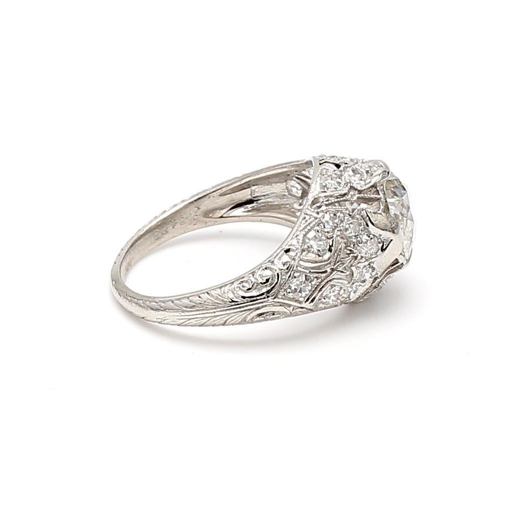 Old Mine Cut 1.66 Carat Old Miner and Old European Cut Diamond Platinum Art Deco Ring For Sale