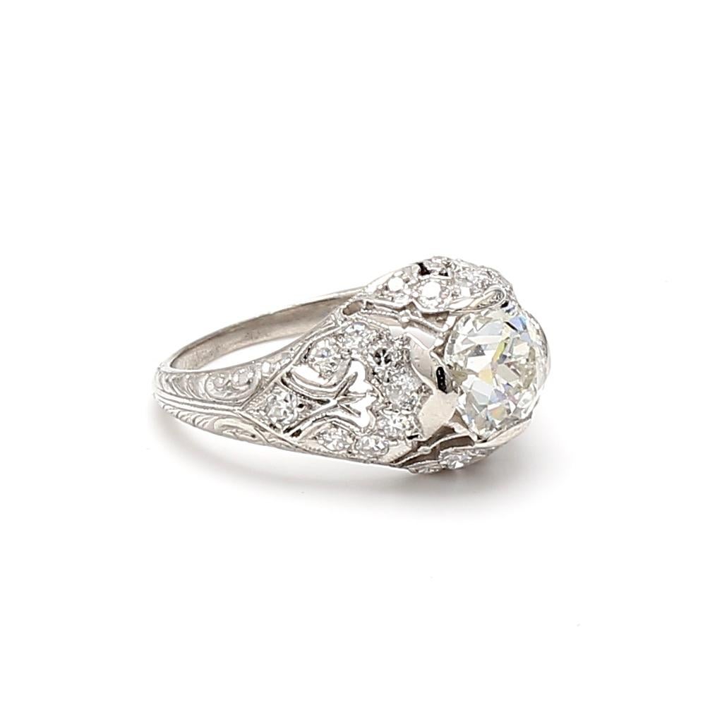 Art Deco 1.66 Carat Old Miner Cut I I1 and Old European Cut L SI2 Diamond Platinum Art De For Sale