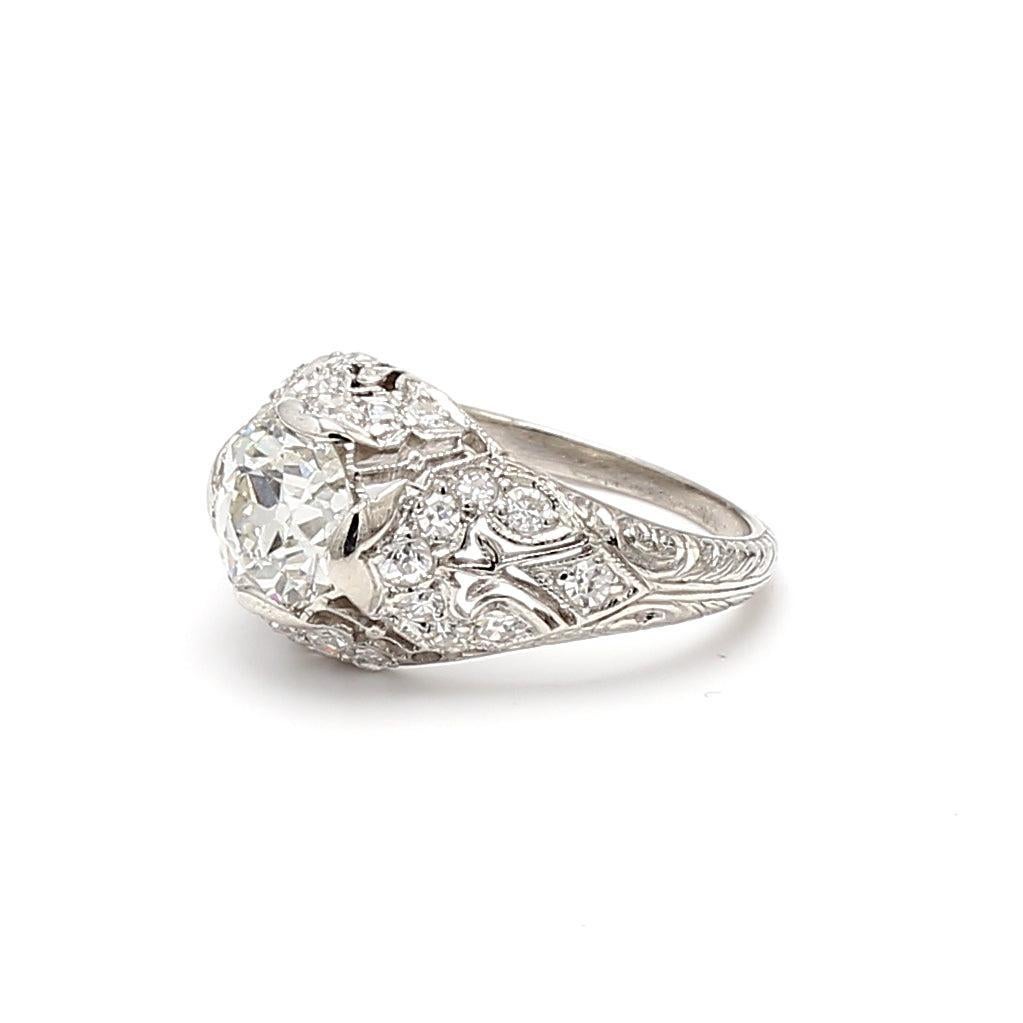 1.66 Carat Old Miner and Old European Cut Diamond Platinum Art Deco Ring For Sale 2