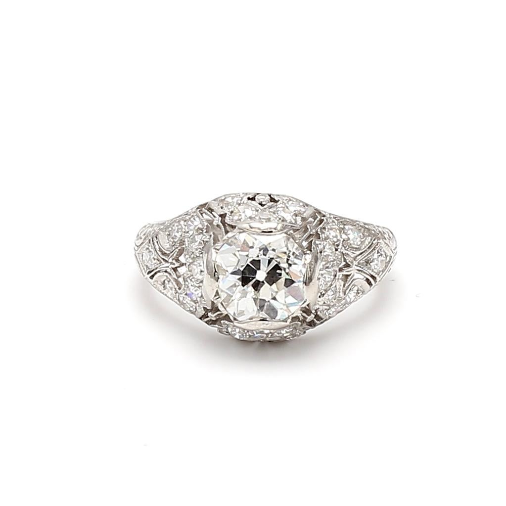 1.66 Carat Old Miner Cut I I1 and Old European Cut L SI2 Diamond Platinum Art De For Sale 2