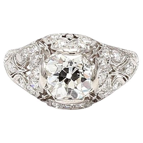 1.66 Carat Old Miner and Old European Cut Diamond Platinum Art Deco Ring