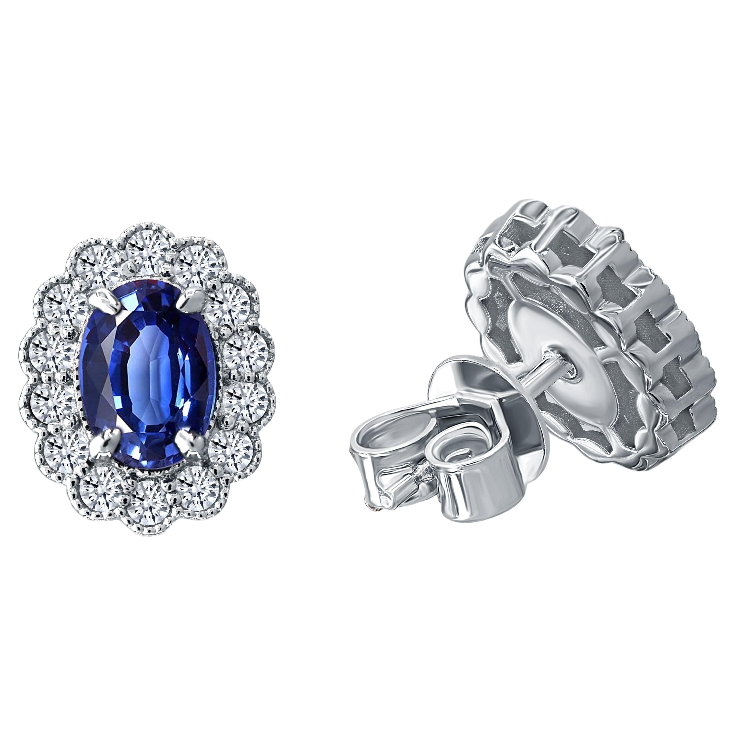 1.66 Ct Oval Blue Sapphire and 0.45 Carat Round Natural Diamond Earrings ref1960 For Sale