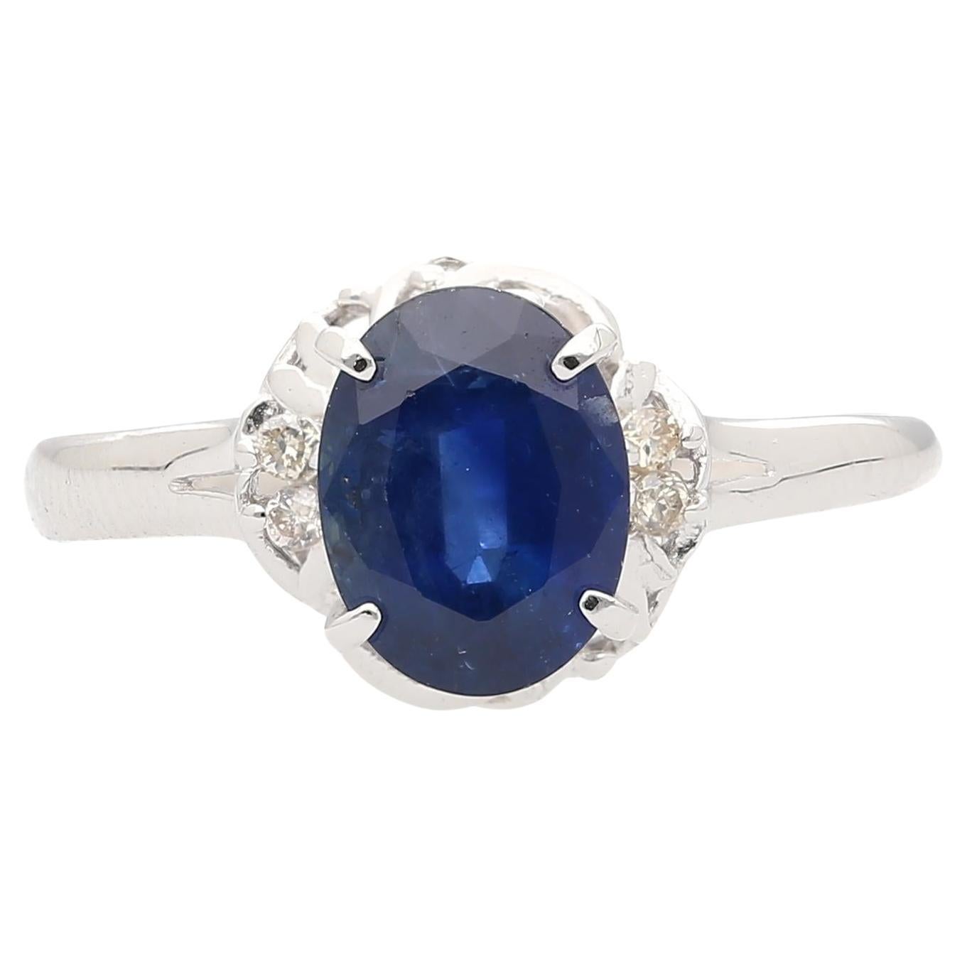 1.66 Carat Oval Blue Sapphire and Diamond Platinum Dainty Ring For Sale