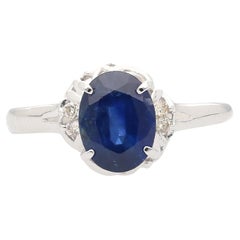 1.66 Carat Oval Blue Sapphire and Diamond Platinum Dainty Ring