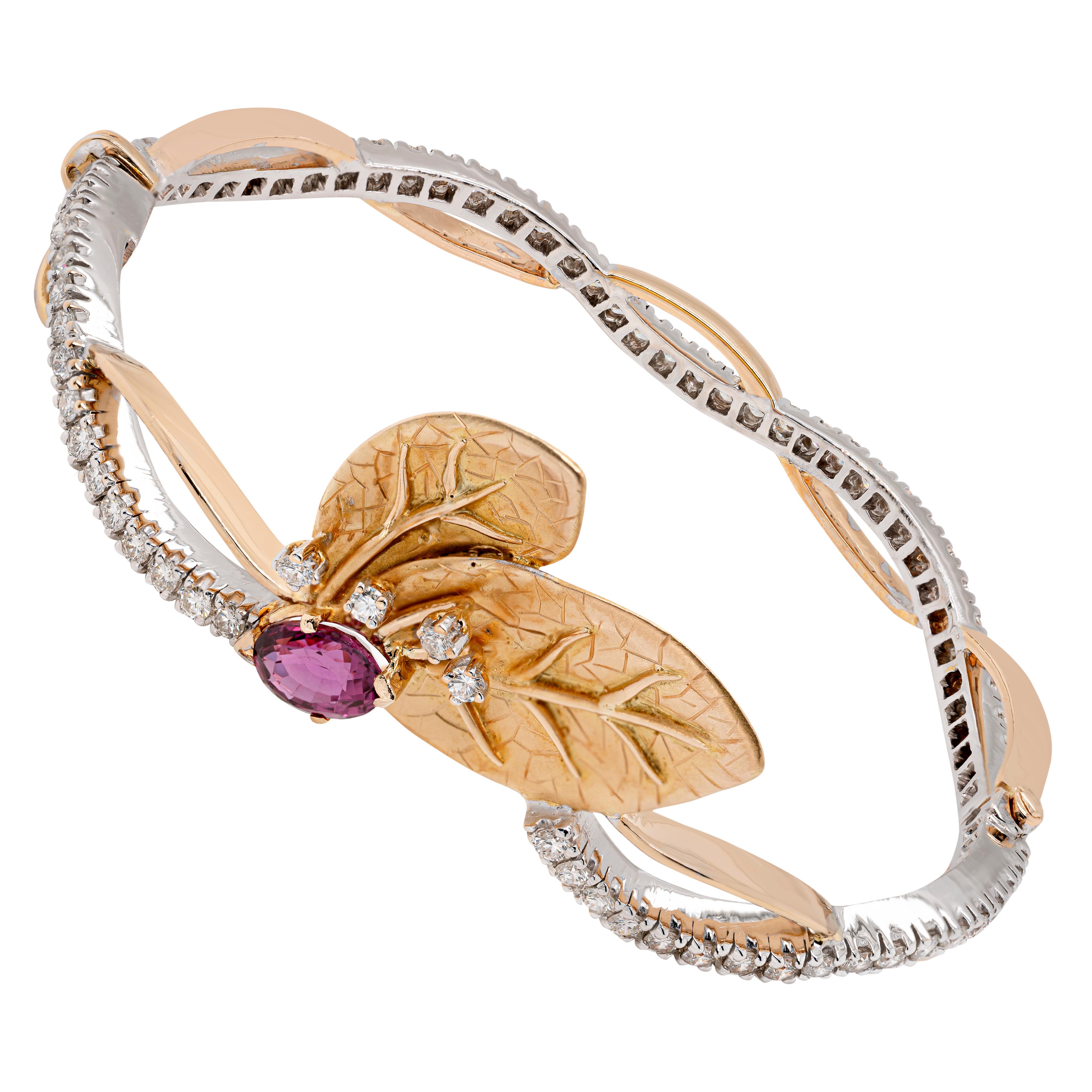 Modern 1.66 Carat Pink Tourmaline and Diamond 18 Carat White & Yellow Gold Leaf Bangle For Sale