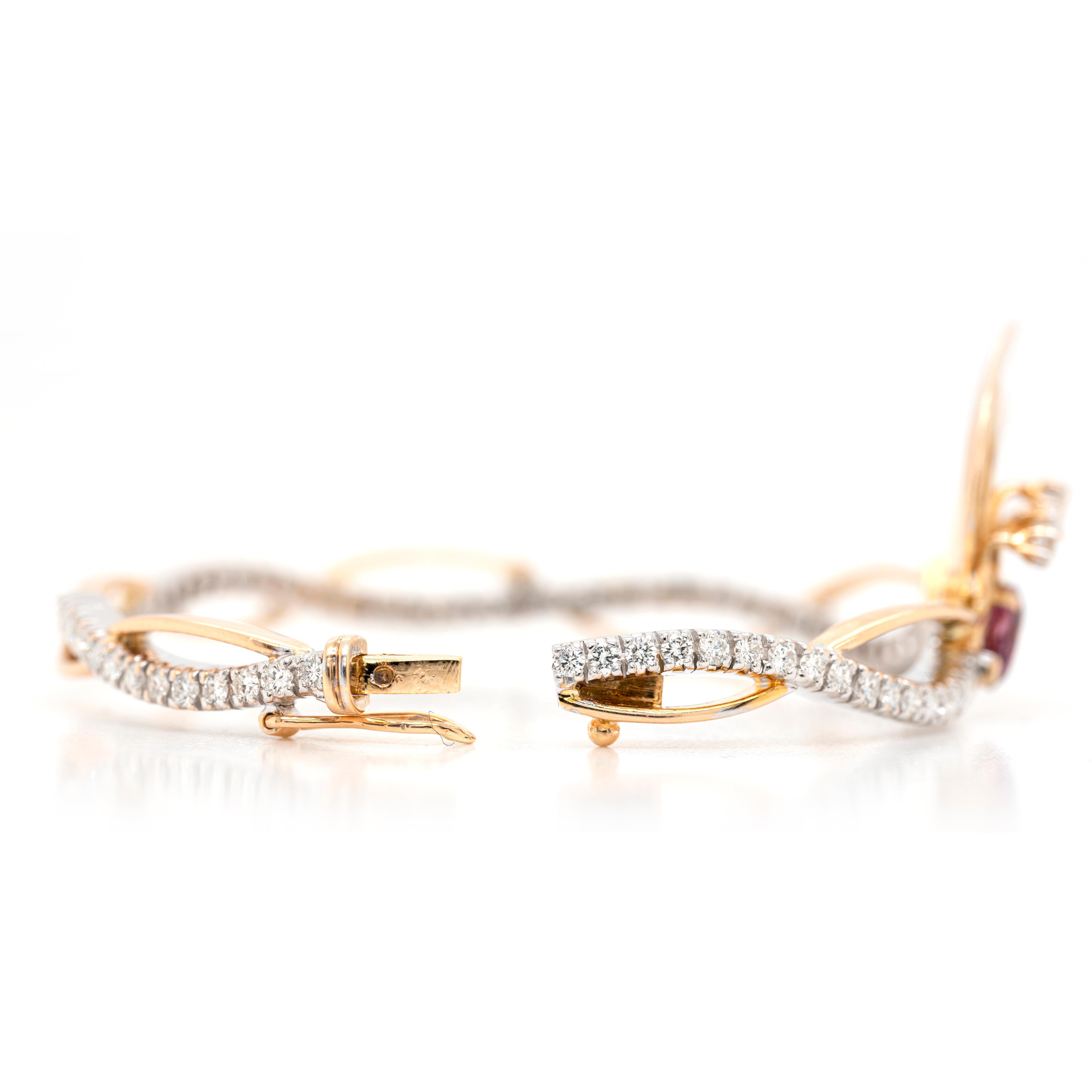 Oval Cut 1.66 Carat Pink Tourmaline and Diamond 18 Carat White & Yellow Gold Leaf Bangle For Sale