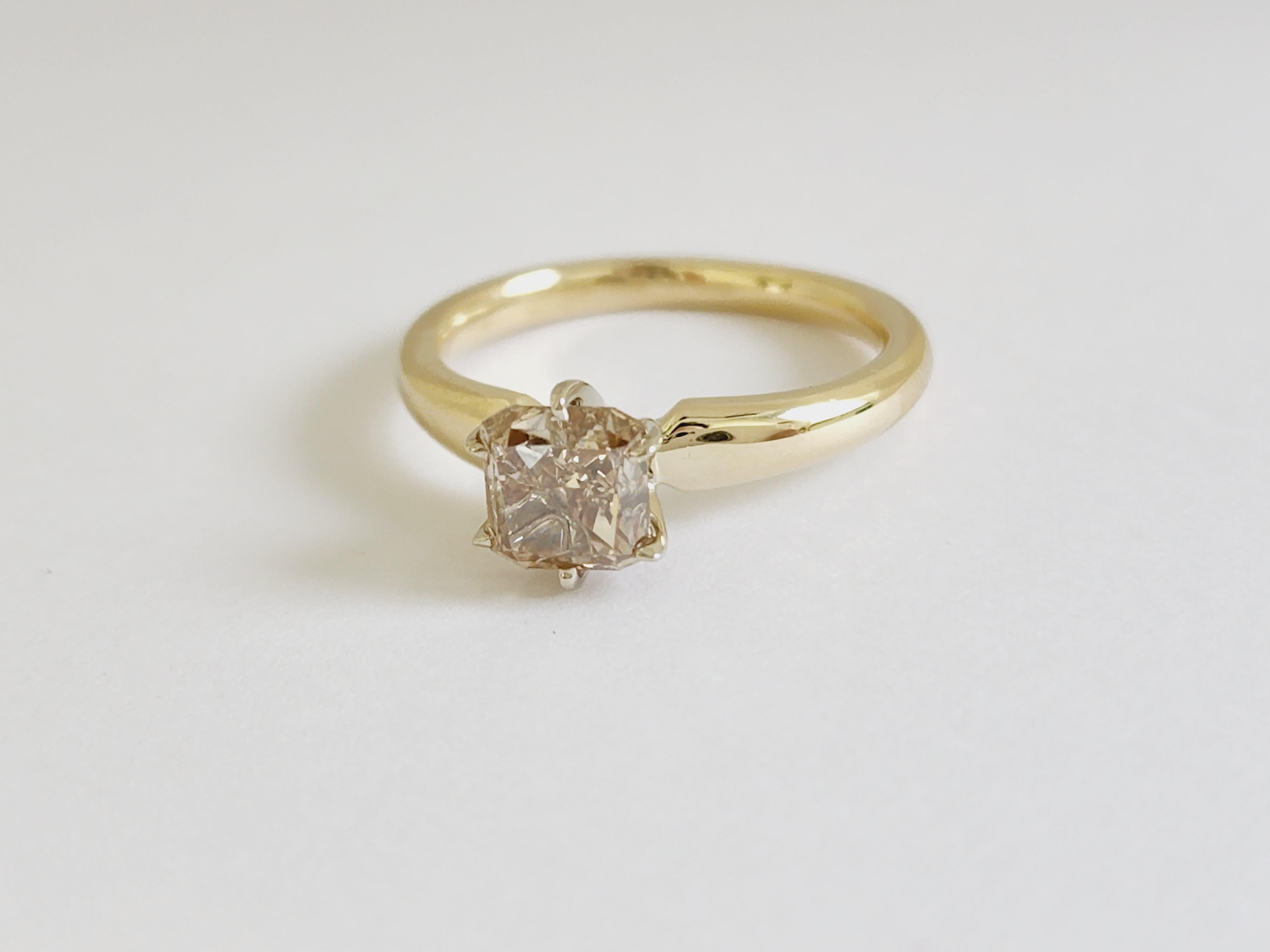 1.66 Carat Radiant Cut Fancy Color Diamond Yellow Gold Solitaire Ring 14 Karat For Sale 3