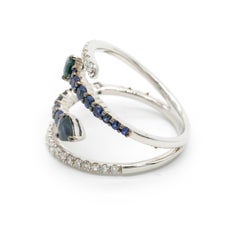 1.66 Carat Round Cut Diamond Blue Sapphire Pave 14K White Gold Fashion Wrap Ring