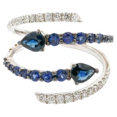 1.66 Carat Round Cut Diamond Blue Sapphire Pave 14K White Gold Fashion Wrap Ring