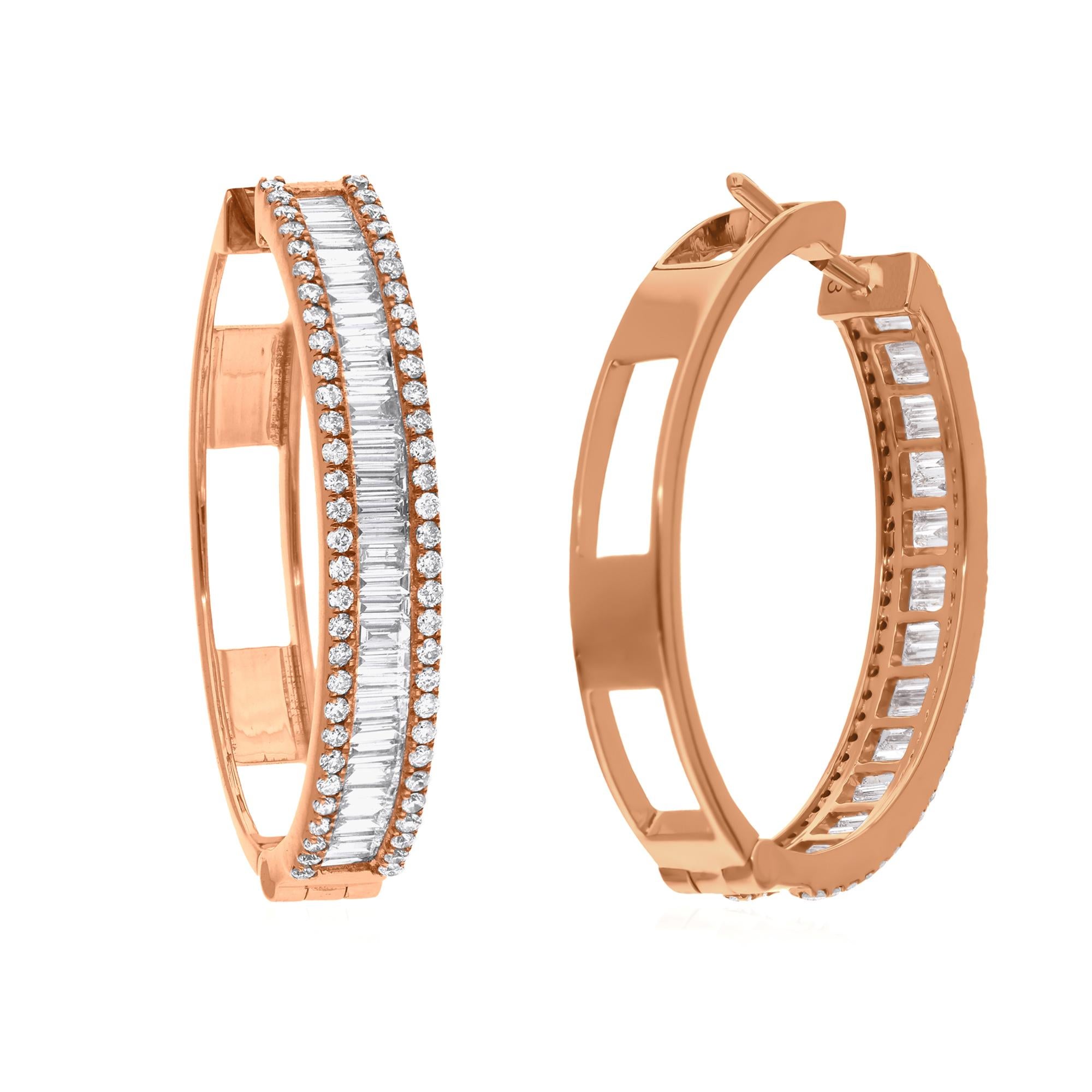 1,66 quilates SI Claridad HI Color Diamante Baguette Pendientes de aro fino Oro rosa de 14k Moderno en venta