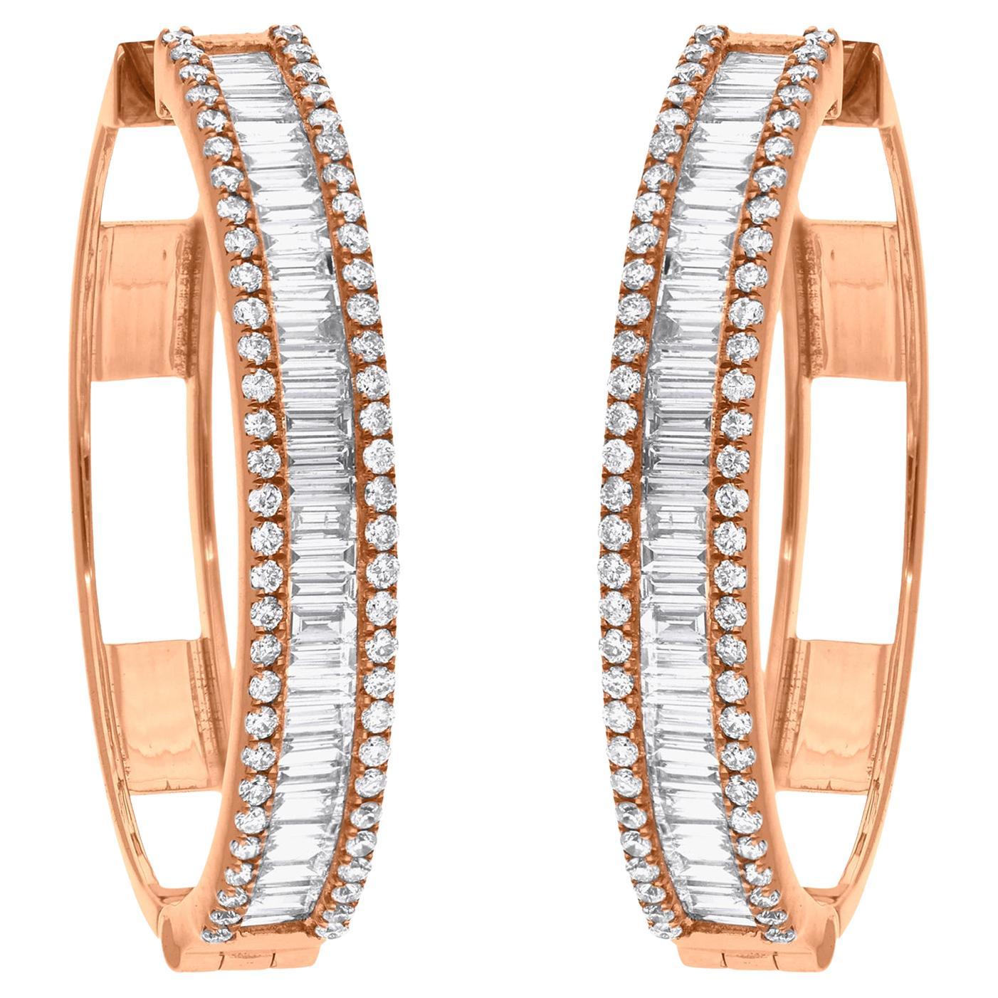 1.66 Carat SI Clarity HI Color Baguette Diamond Fine Hoop Earrings 14k Rose Gold