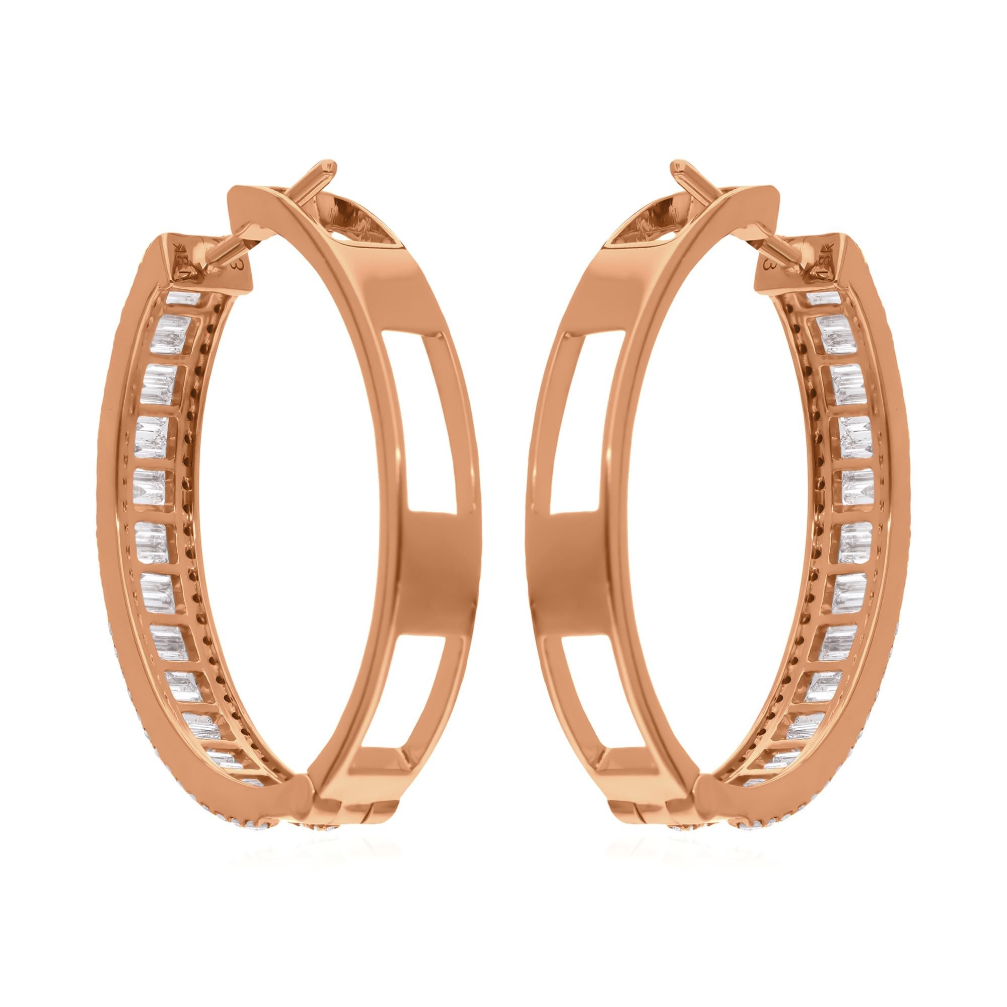 Women's 1.66 Carat SI Clarity HI Color Baguette Diamond Fine Hoop Earrings 18k Rose Gold For Sale