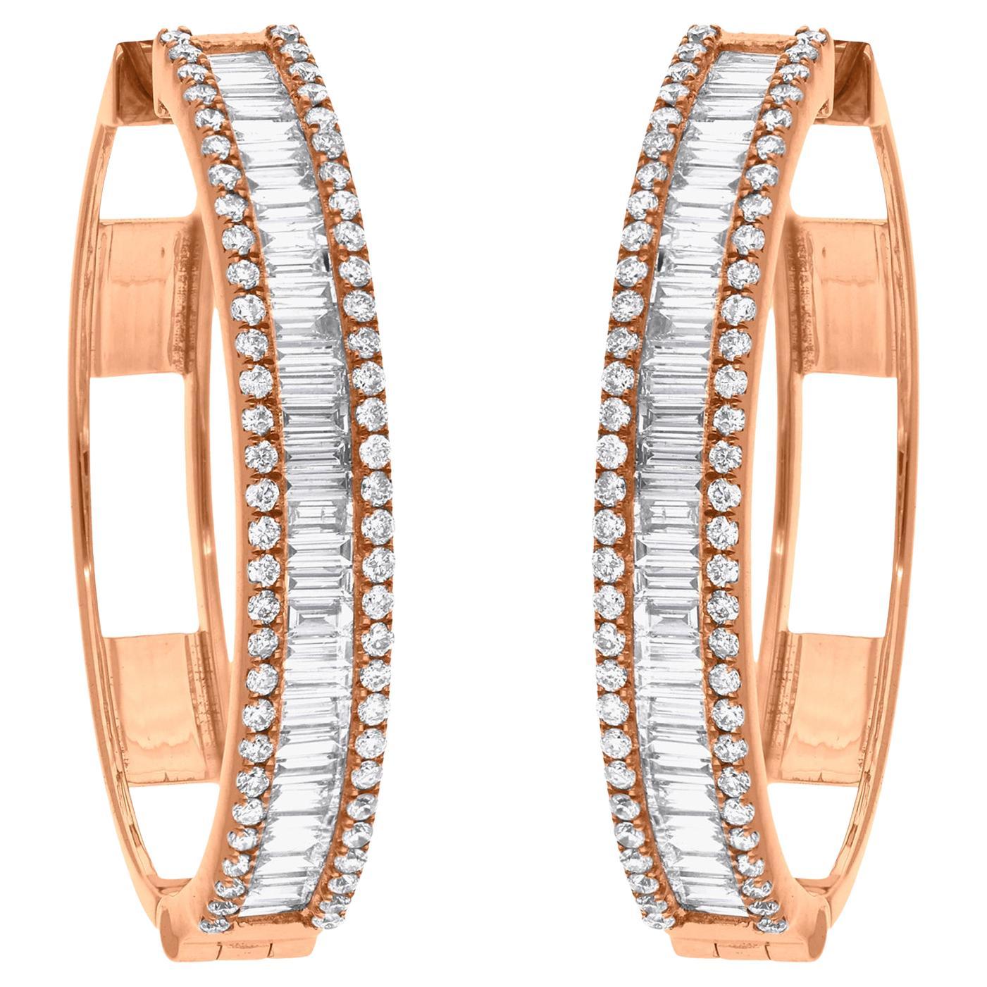 1.66 Carat SI Clarity HI Color Baguette Diamond Fine Hoop Earrings 18k Rose Gold