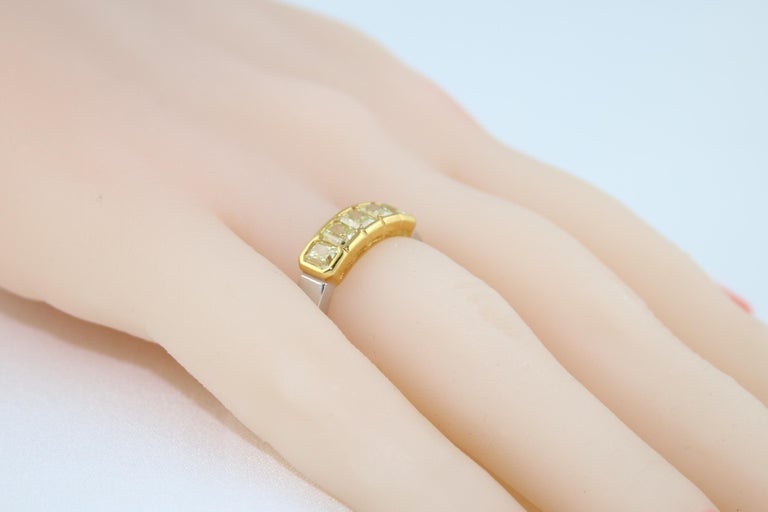 1.66 Carats Diamond Radiant Fancy Yellow 5-Stone Gold Platinum Half Band Ring For Sale 1