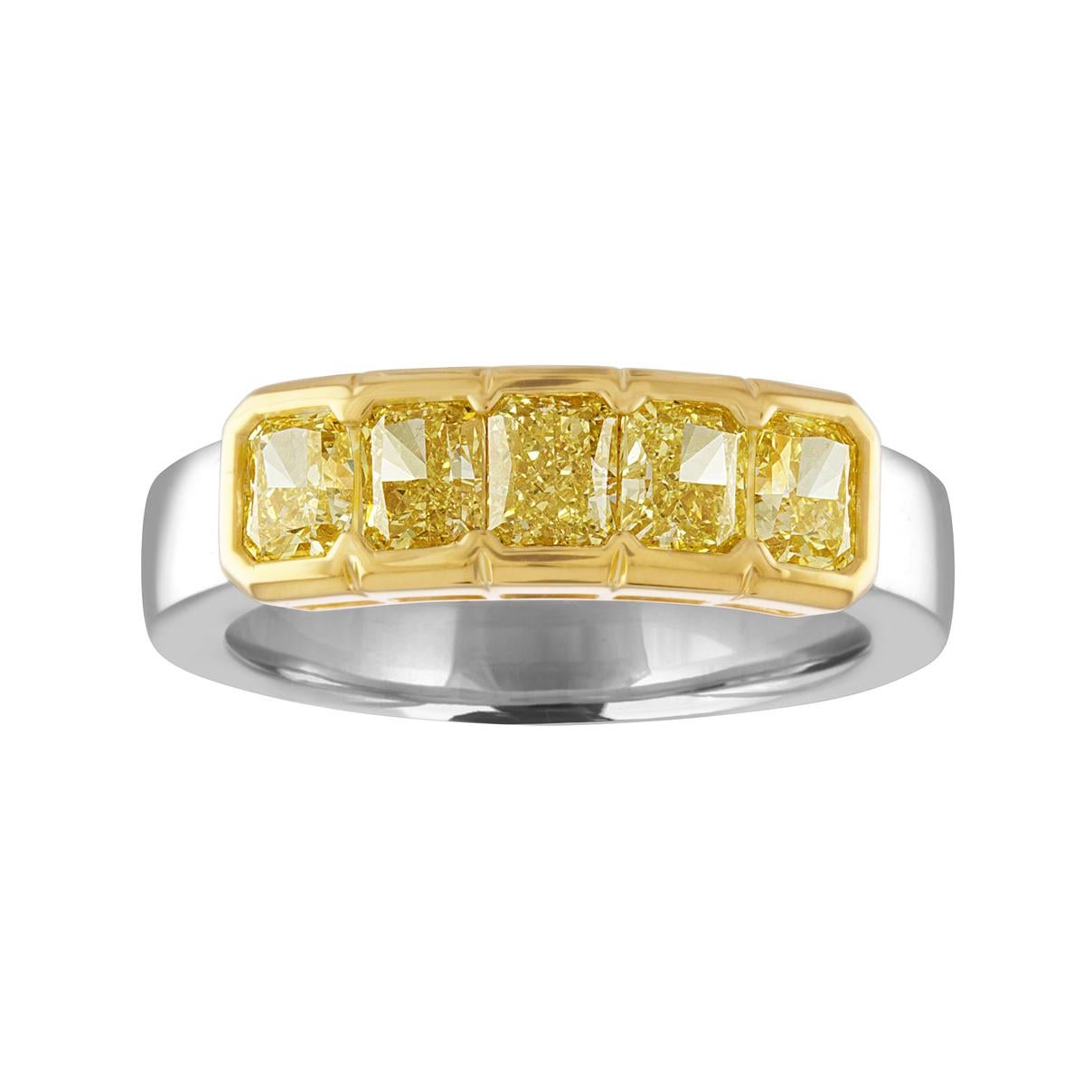 1.66 Carats Diamond Radiant Fancy Yellow 5-Stone Gold Platinum Half Band Ring For Sale