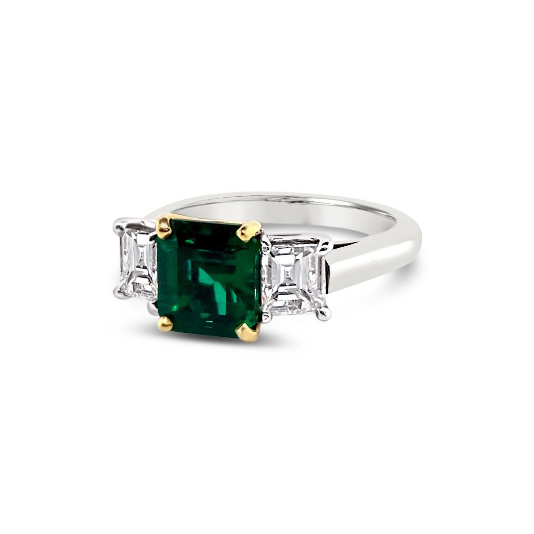 Emerald Cut 1.66 Carat Emerald and Diamond Ring in Platinum For Sale