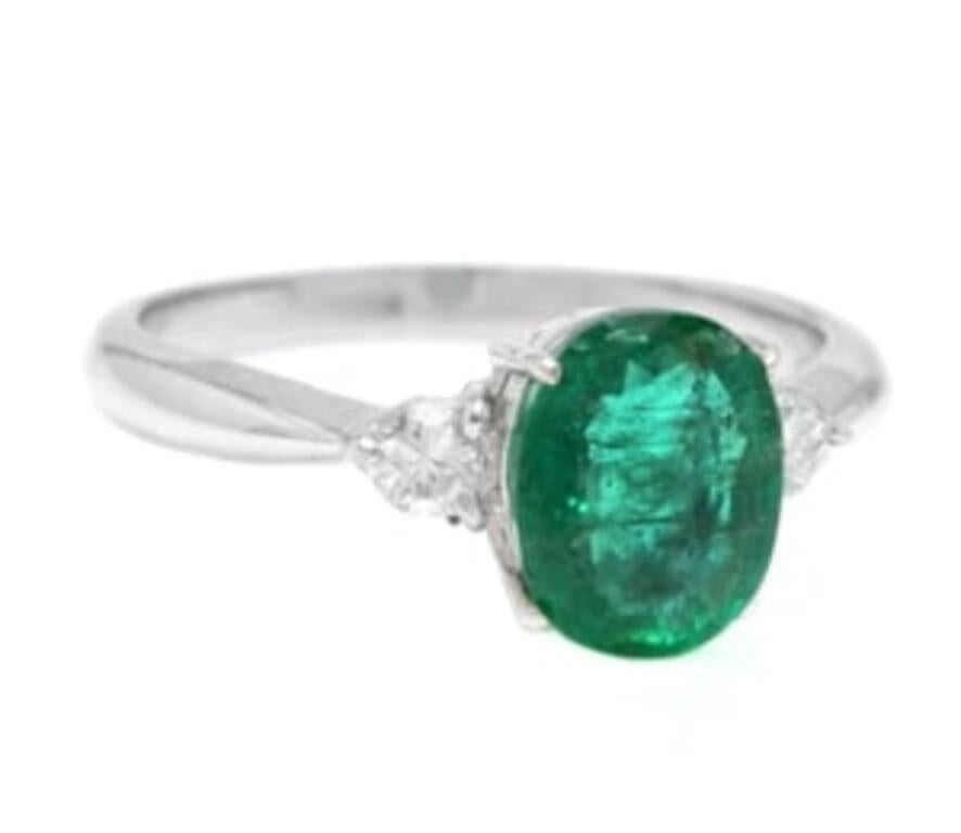 1.66 Carats Exquisite Emerald and Diamond 14K Solid White Gold Ring

Total Emerald Weight is: Approx. 1.50 Carats

Emerald Measures: Approx. 8.00 x 6.00mm

Natural Round Diamonds Weight: Approx. 0.16 Carats (color G-H / Clarity SI1-SI2)

Ring size: