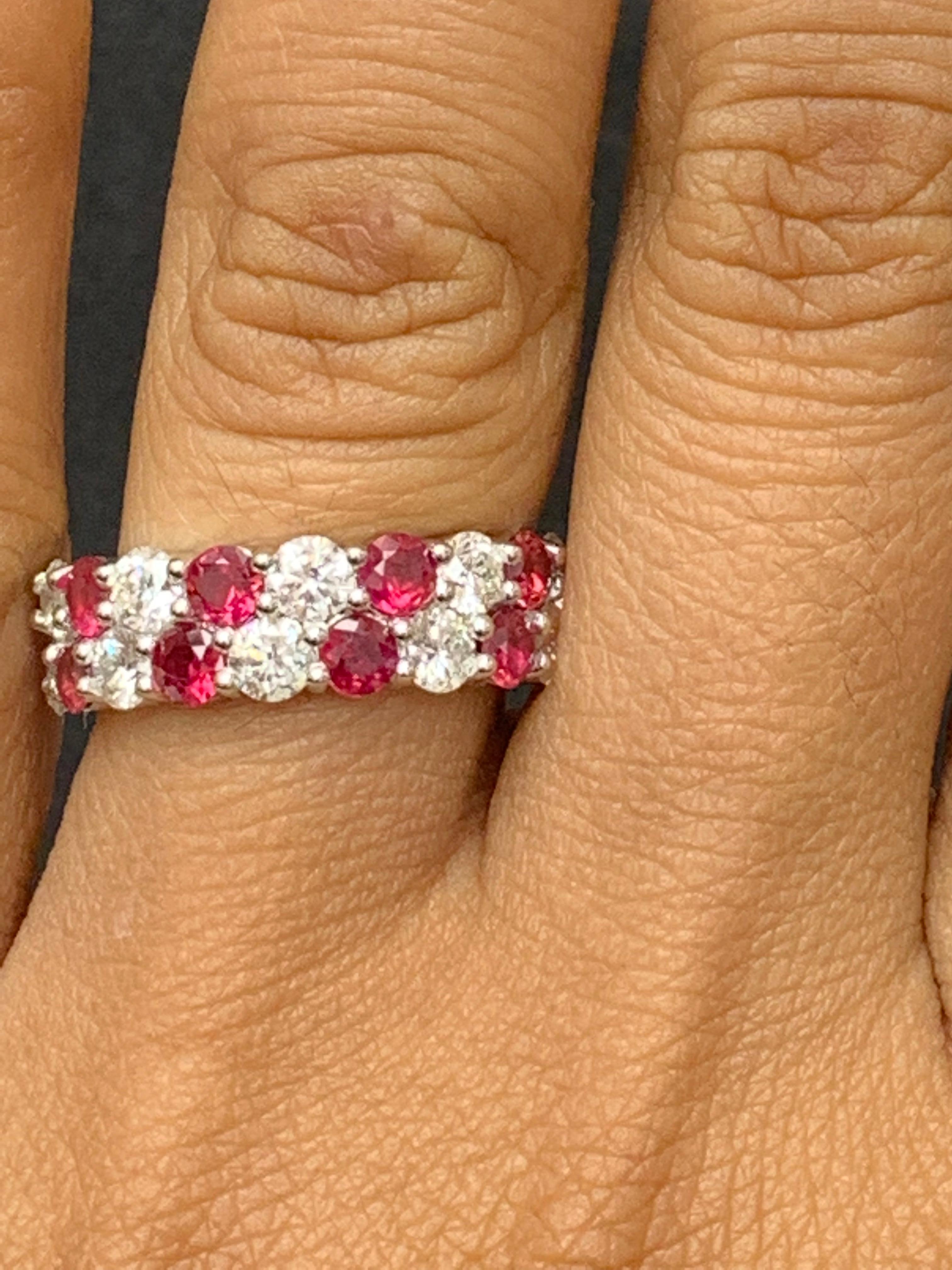 1.66 Ct Round Shape Ruby and Diamond Double Row ZicZac Band Ring 14K White Gold For Sale 3