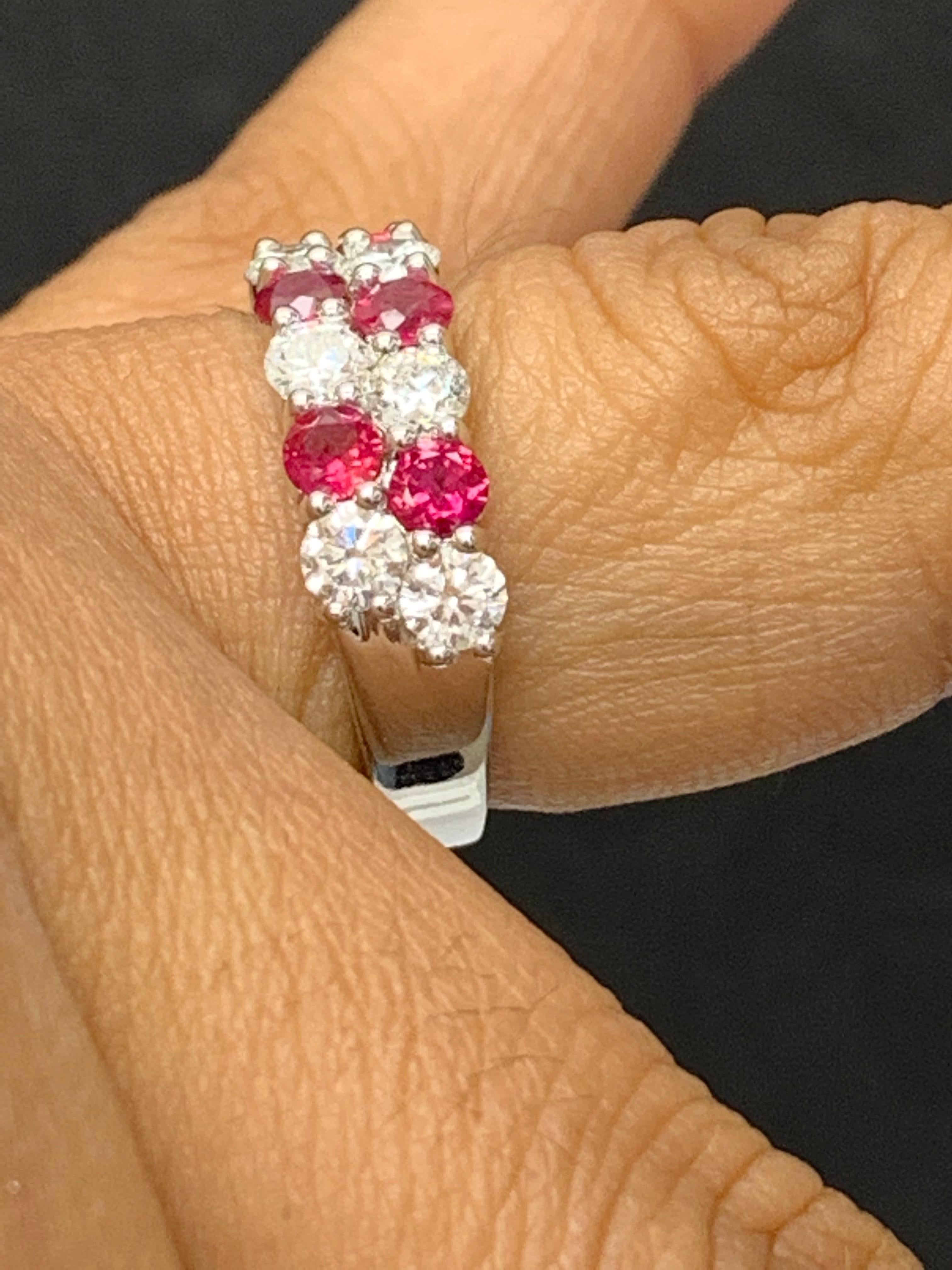 1.66 Ct Round Shape Ruby and Diamond Double Row ZicZac Band Ring 14K White Gold en vente 5