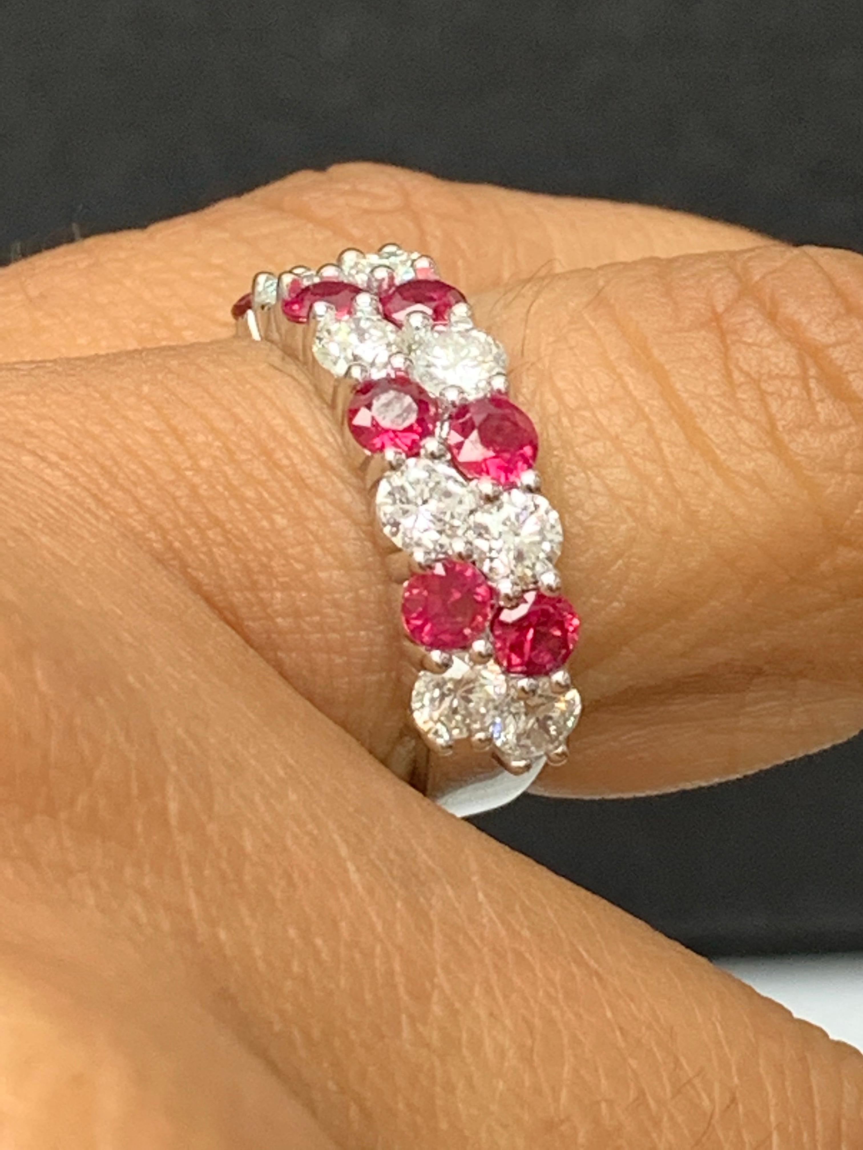 1.66 Ct Round Shape Ruby and Diamond Double Row ZicZac Band Ring 14K White Gold For Sale 5