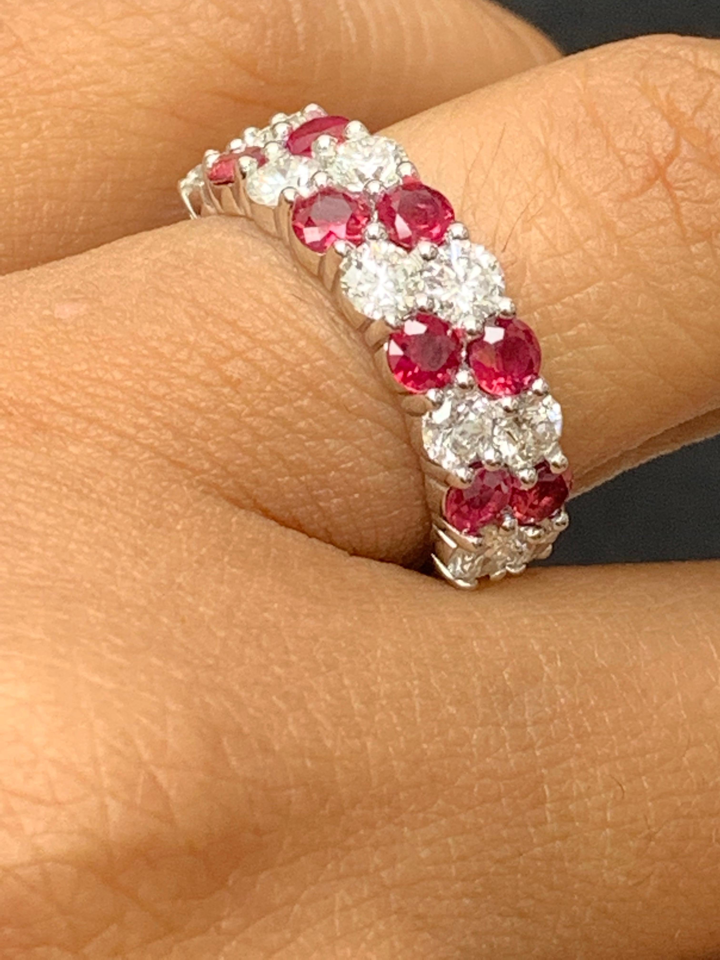 1.66 Ct Round Shape Ruby and Diamond Double Row ZicZac Band Ring 14K White Gold For Sale 6