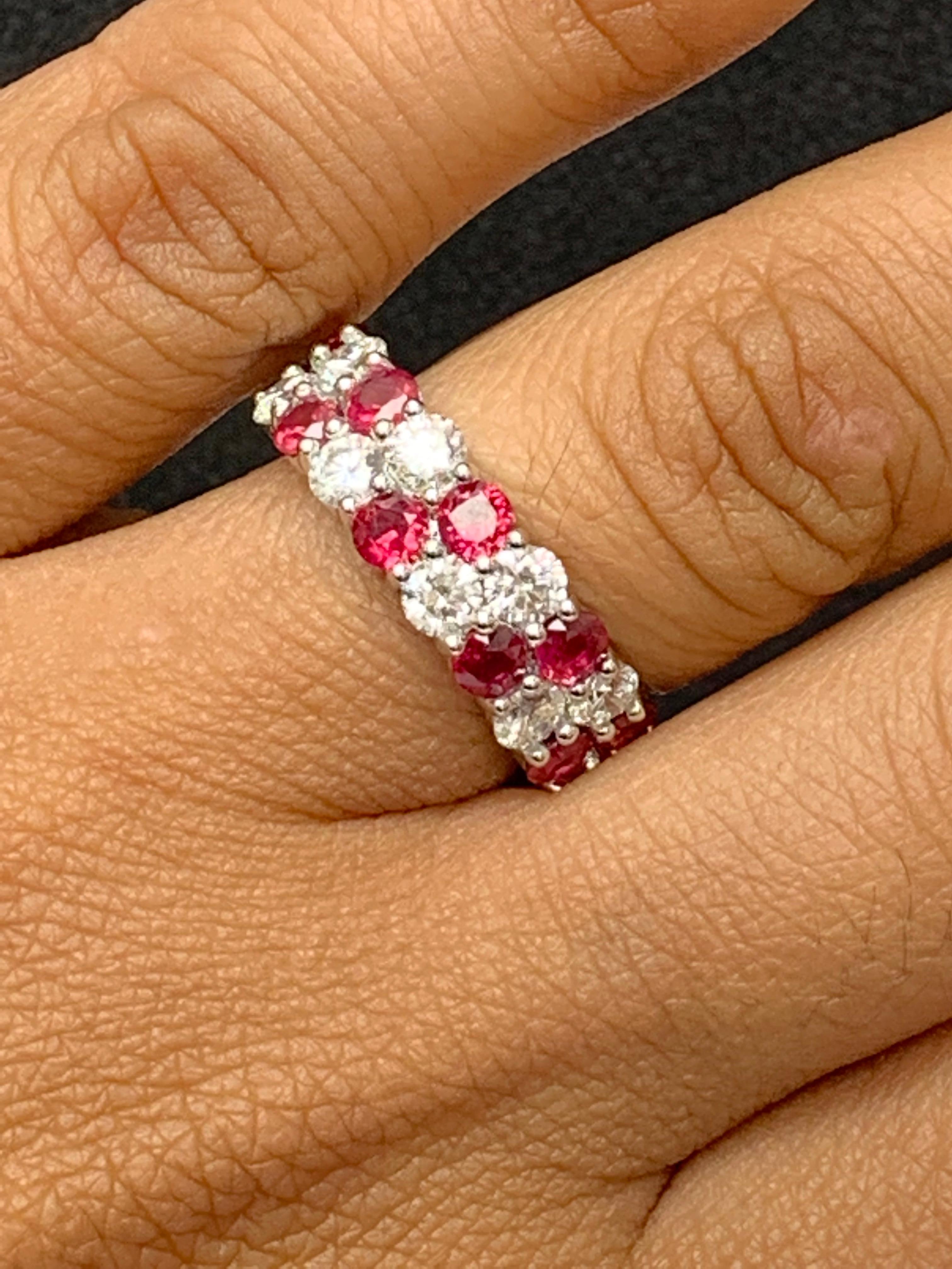 1.66 Ct Round Shape Ruby and Diamond Double Row ZicZac Band Ring 14K White Gold For Sale 7