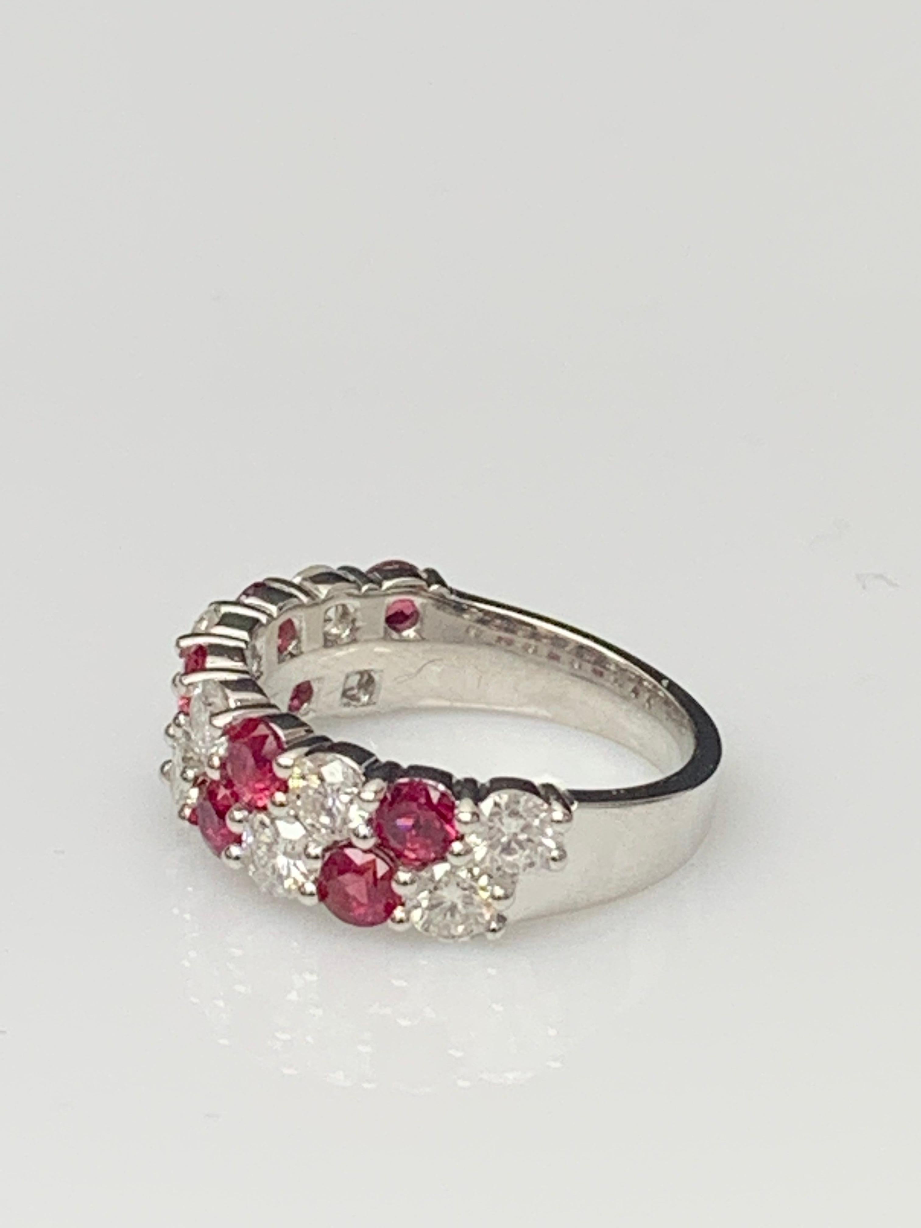 Round Cut 1.66 Ct Round Shape Ruby and Diamond Double Row ZicZac Band Ring 14K White Gold For Sale