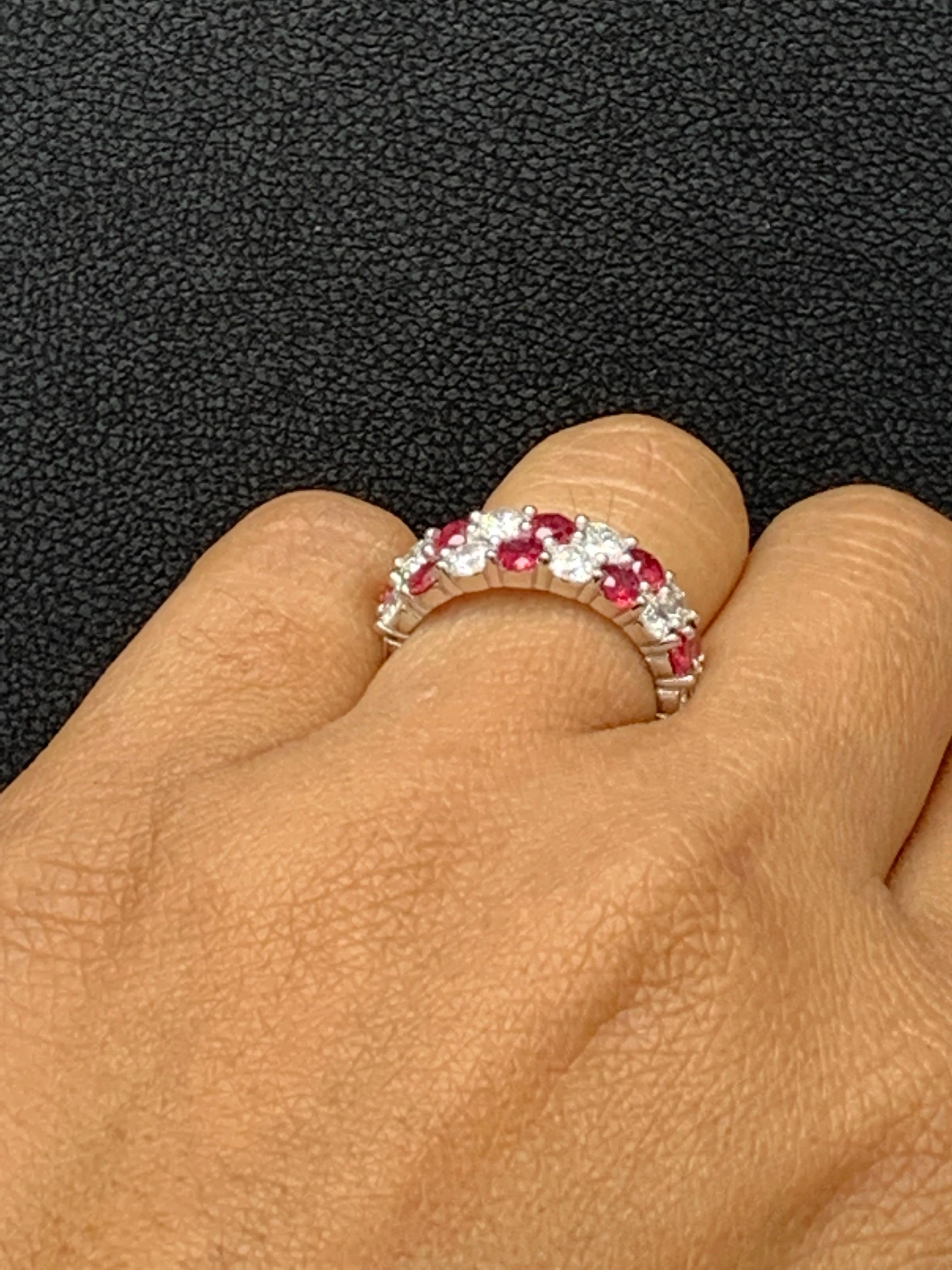 1.66 Ct Round Shape Ruby and Diamond Double Row ZicZac Band Ring 14K White Gold In New Condition For Sale In NEW YORK, NY