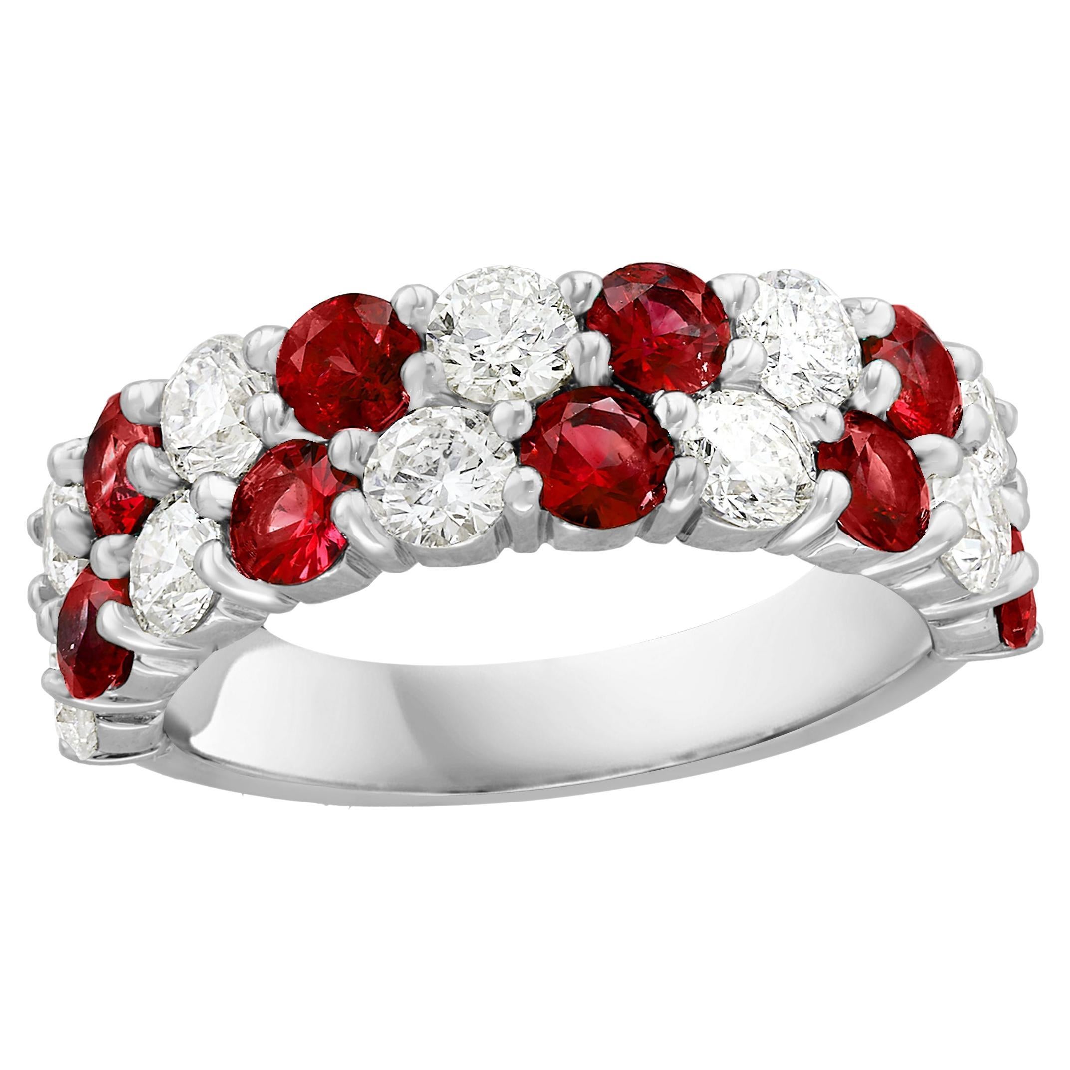 1.66 Ct Round Shape Ruby and Diamond Double Row ZicZac Band Ring 14K White Gold