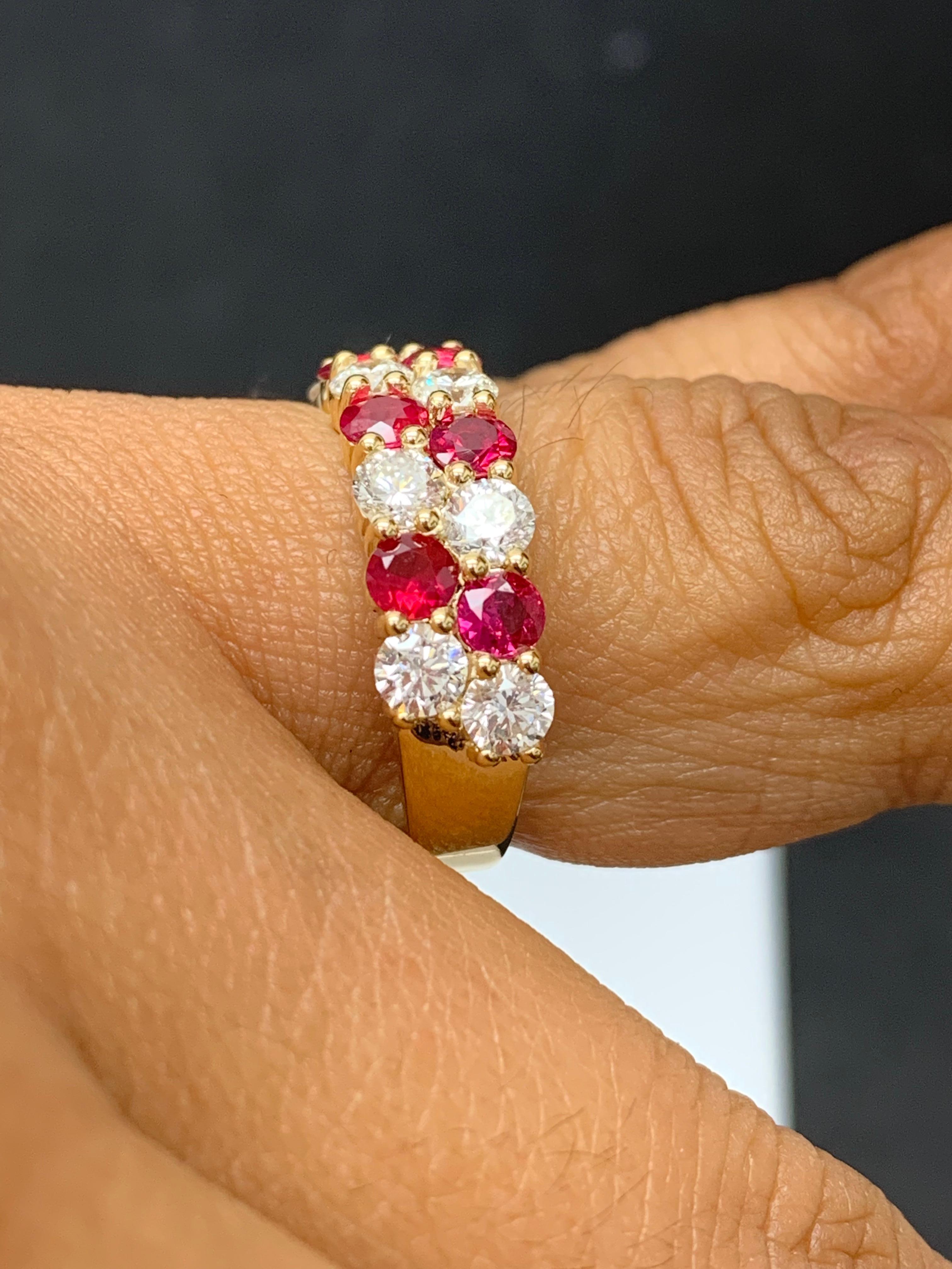 1.66 Ct Round Shape Ruby and Diamond Double Row ZicZac Band Ring 14K Yellow Gold For Sale 3