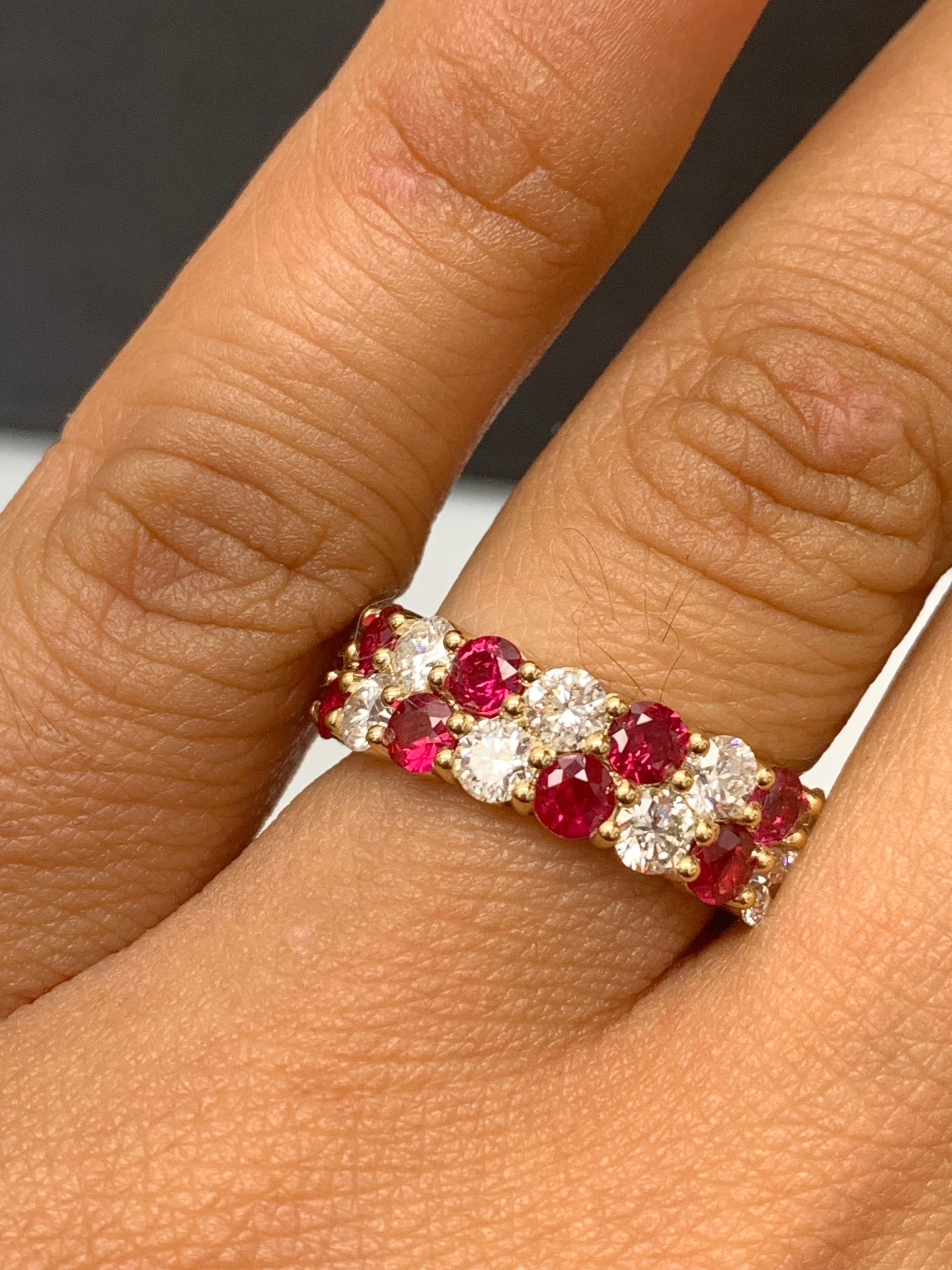 1.66 Ct Round Shape Ruby and Diamond Double Row ZicZac Band Ring 14K Yellow Gold For Sale 5