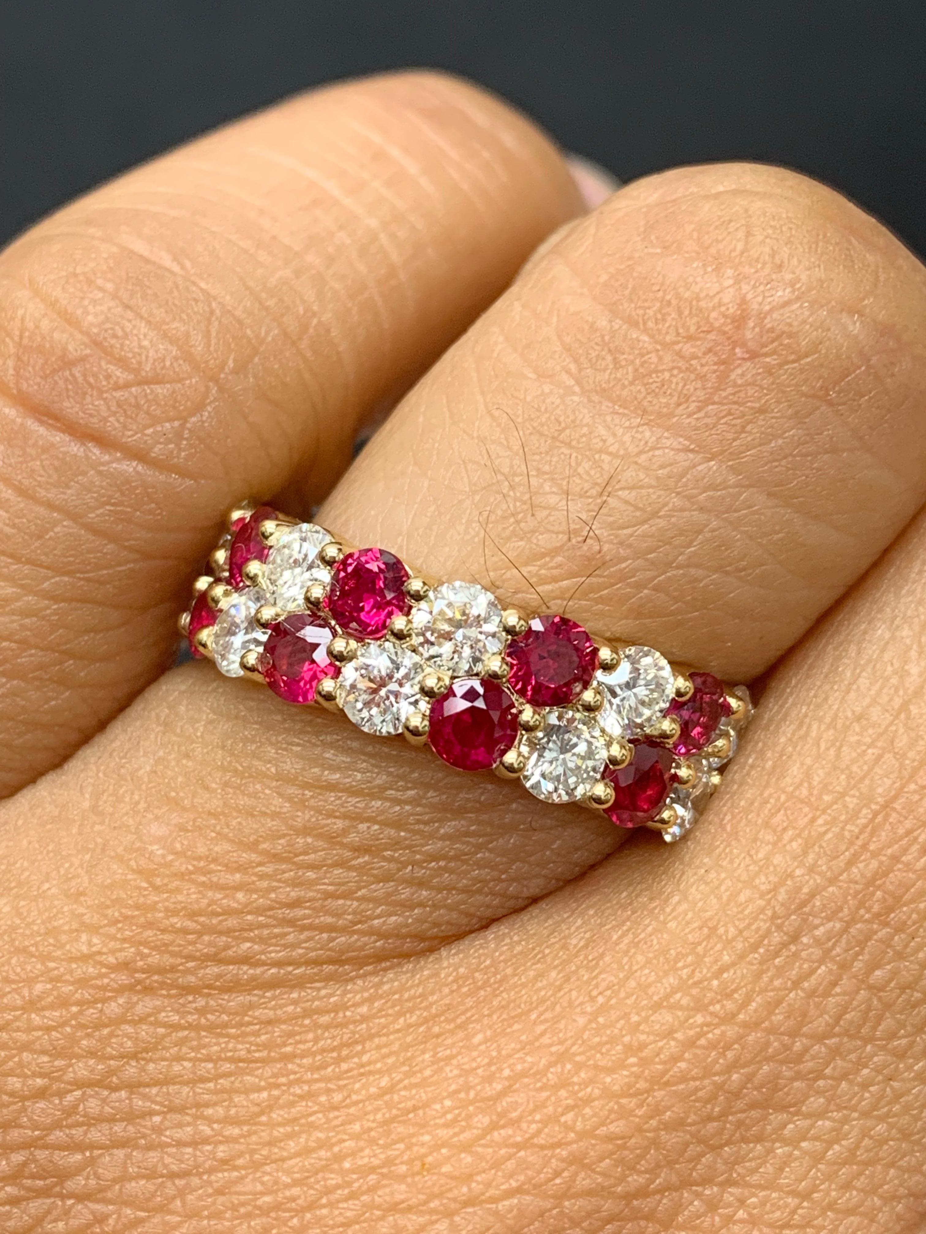A unique and fashionable ZicZac ring showcasing two rows of round-shape 10 rubies and 9 diamonds, set in a band design. Rubies weigh 1.66 carats and Diamonds weigh 1.52 carats total. A brilliant and masterfully-made piece.

Style available in