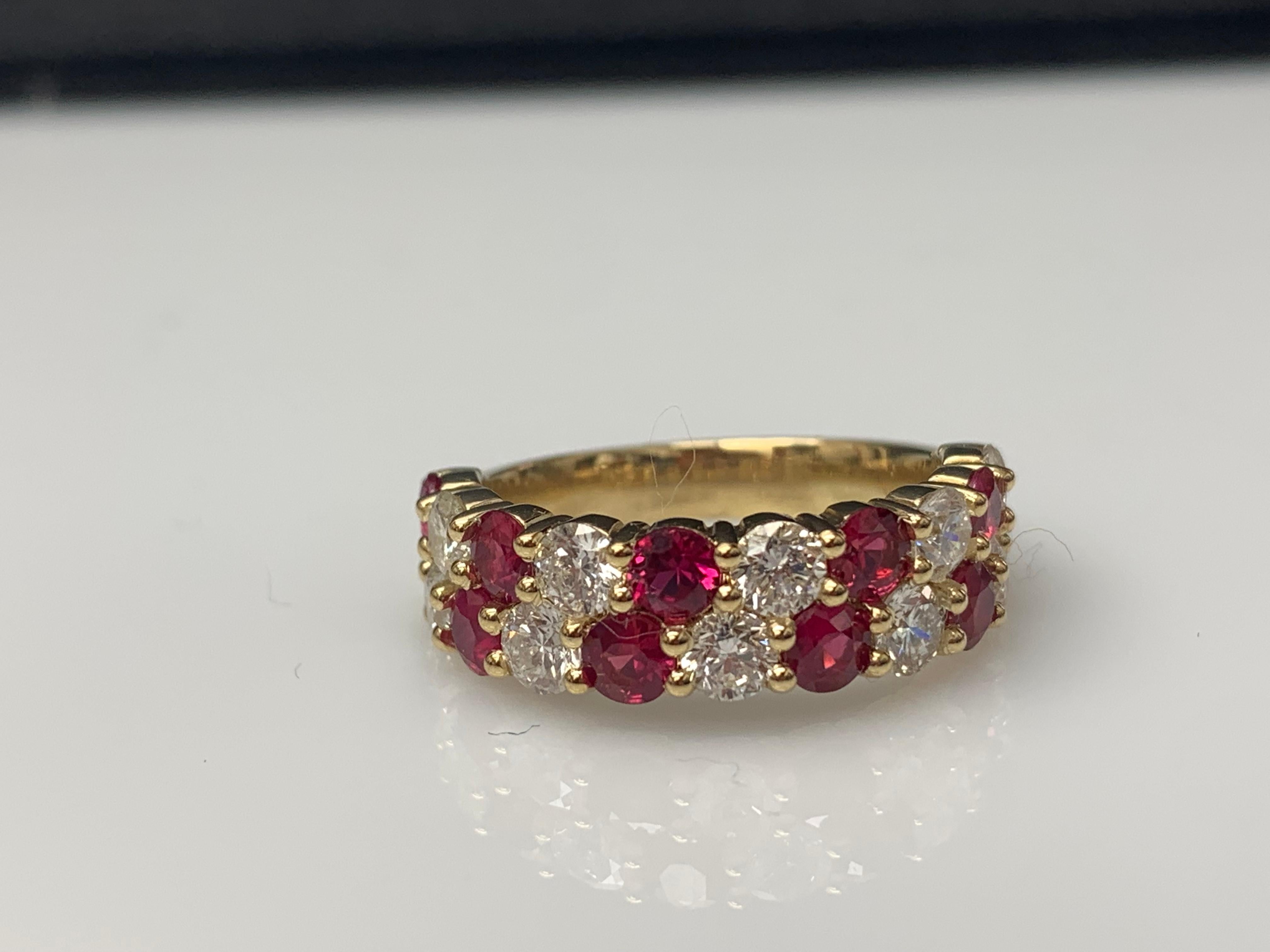 1.66 Ct Round Shape Ruby and Diamond Double Row ZicZac Band Ring 14K Yellow Gold For Sale 13