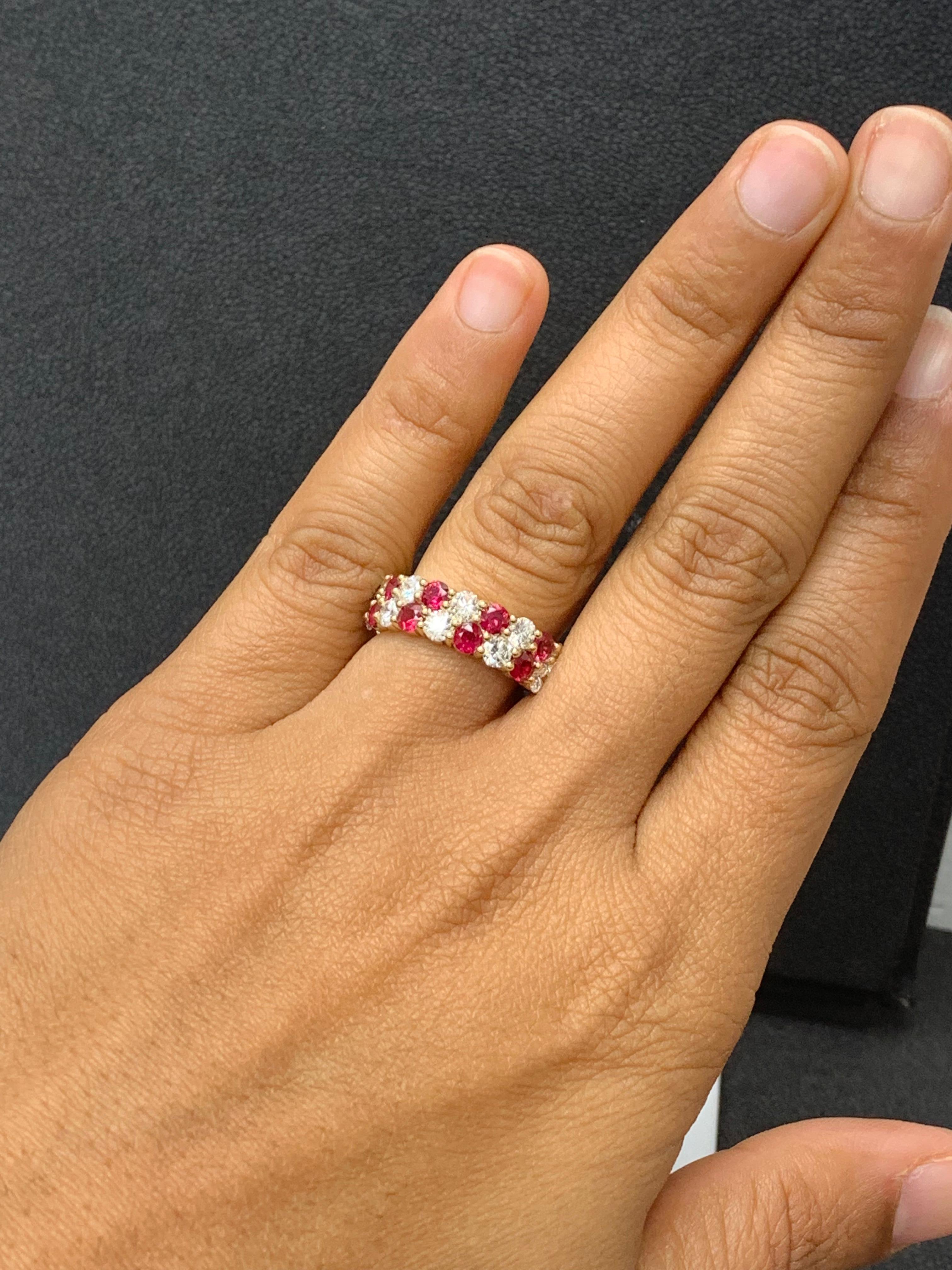 Round Cut 1.66 Ct Round Shape Ruby and Diamond Double Row ZicZac Band Ring 14K Yellow Gold For Sale