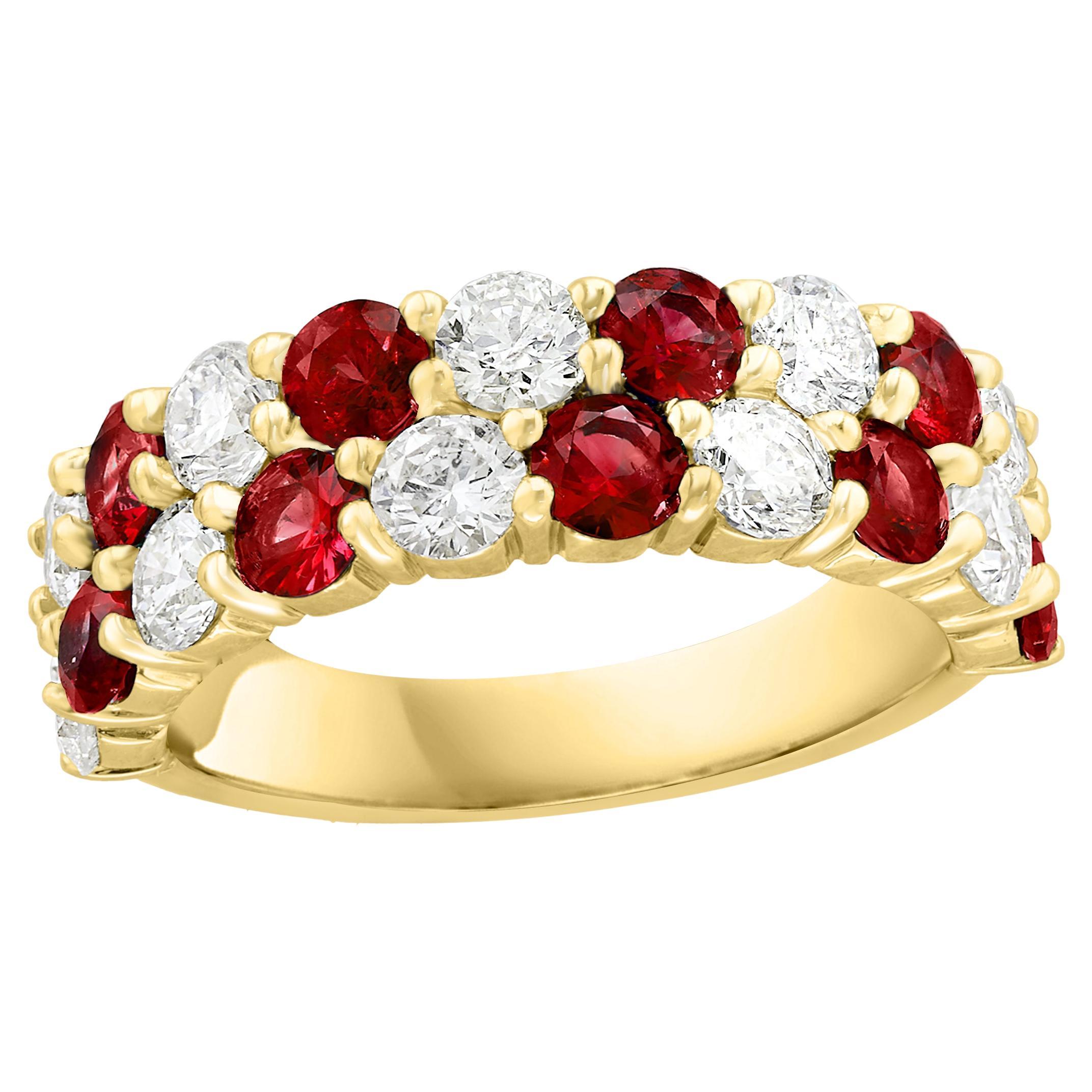 1.66 Ct Round Shape Ruby and Diamond Double Row ZicZac Band Ring 14K Yellow Gold For Sale