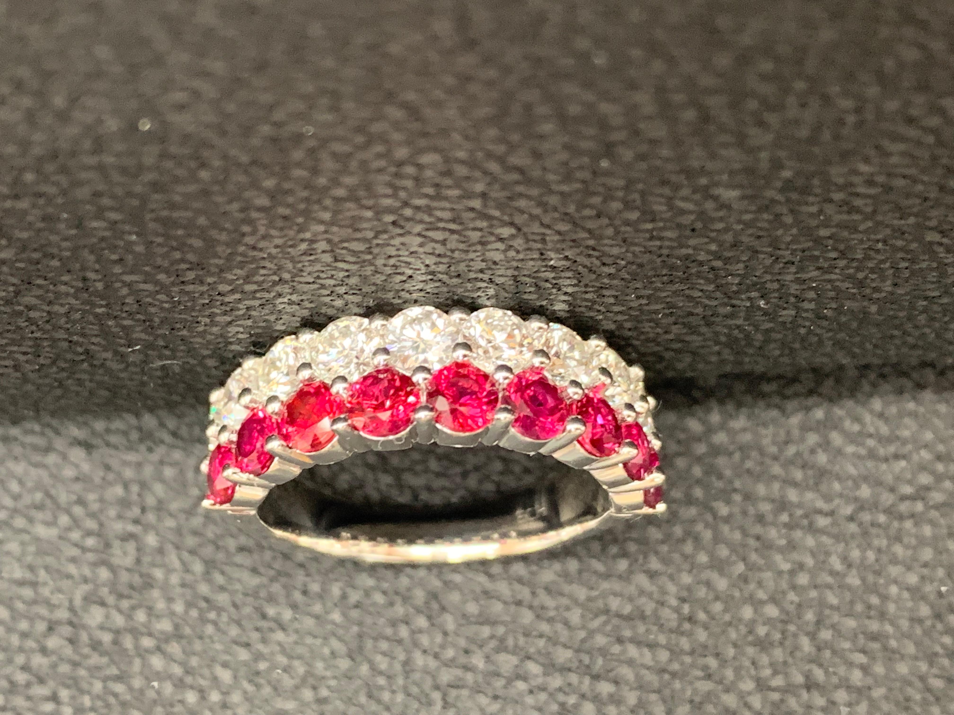1.66 Ct Round Shape Ruby and Diamond Double Row Band Ring in 14K White Gold For Sale 3