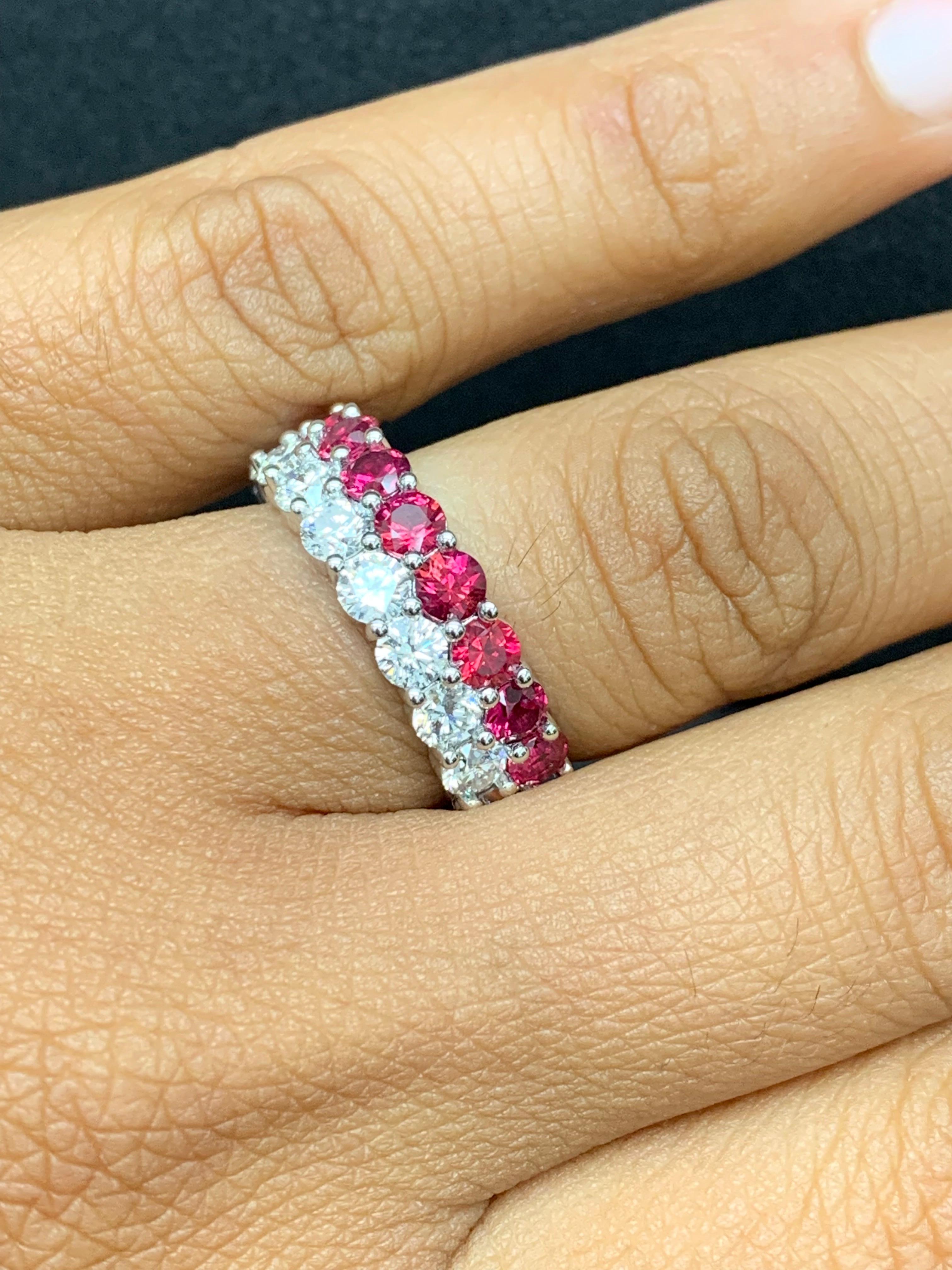 1.66 Ct Round Shape Ruby and Diamond Double Row Band Ring in 14K White Gold For Sale 5