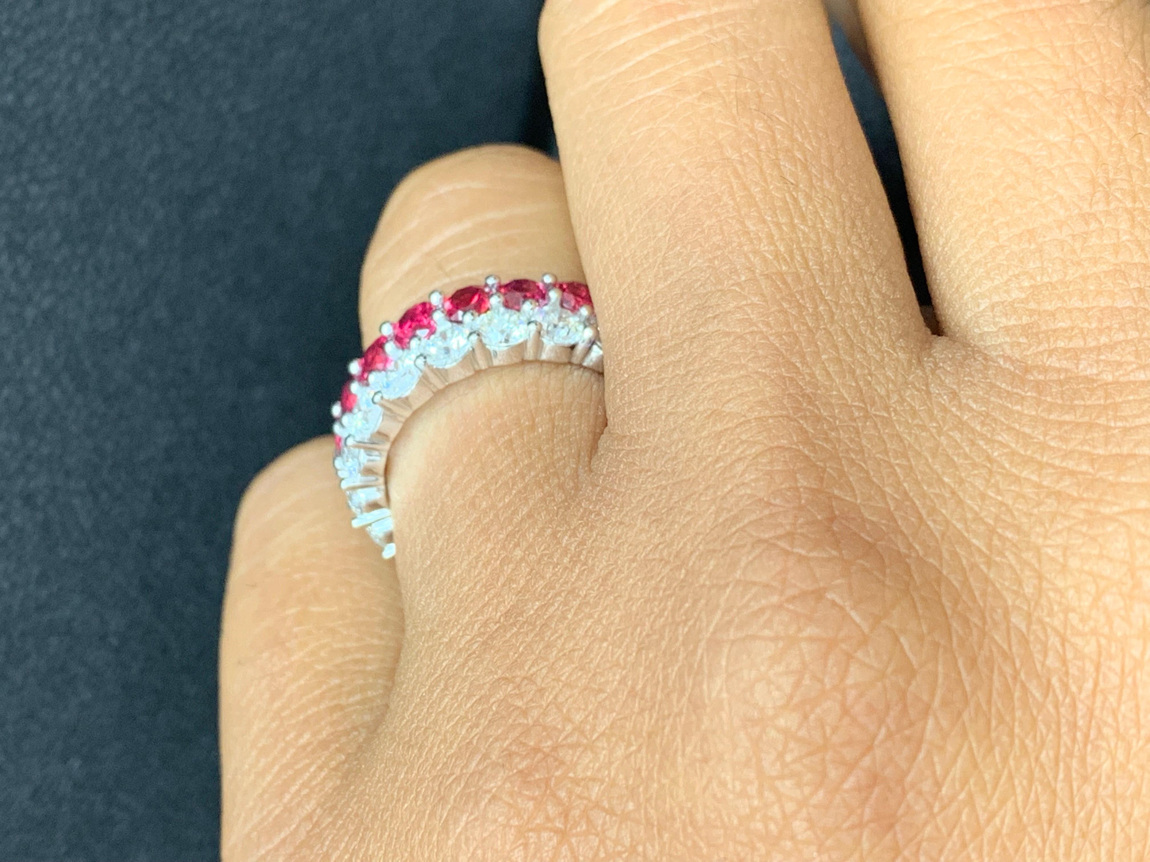 A unique and fashionable ring showcasing two rows of round-shape 9 rubies and 10 diamonds, set in a band design. Rubies weigh 1.66 carats and Diamonds weigh 1.49 carats total. A brilliant and masterfully-made piece.

Style available in different