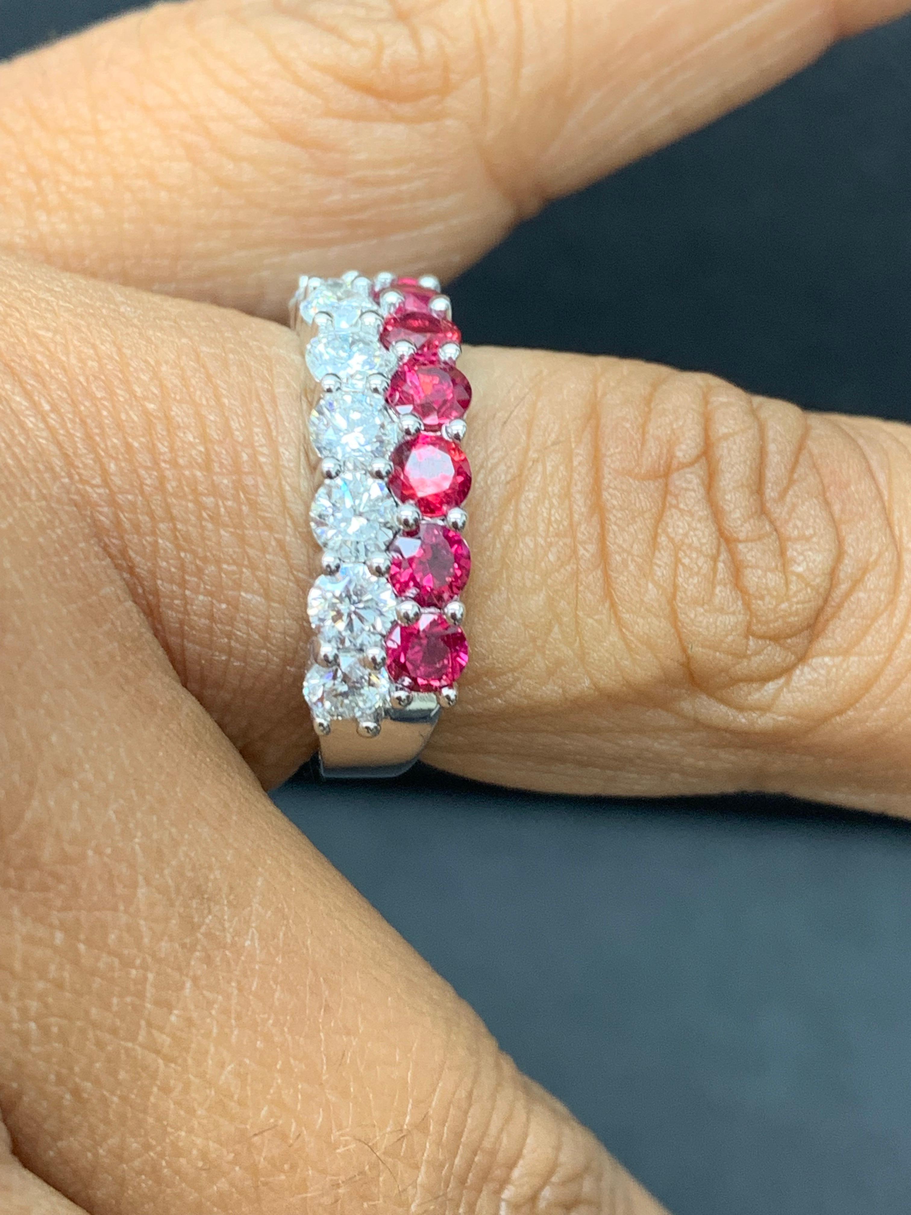 Round Cut 1.66 Ct Round Shape Ruby and Diamond Double Row Band Ring in 14K White Gold For Sale