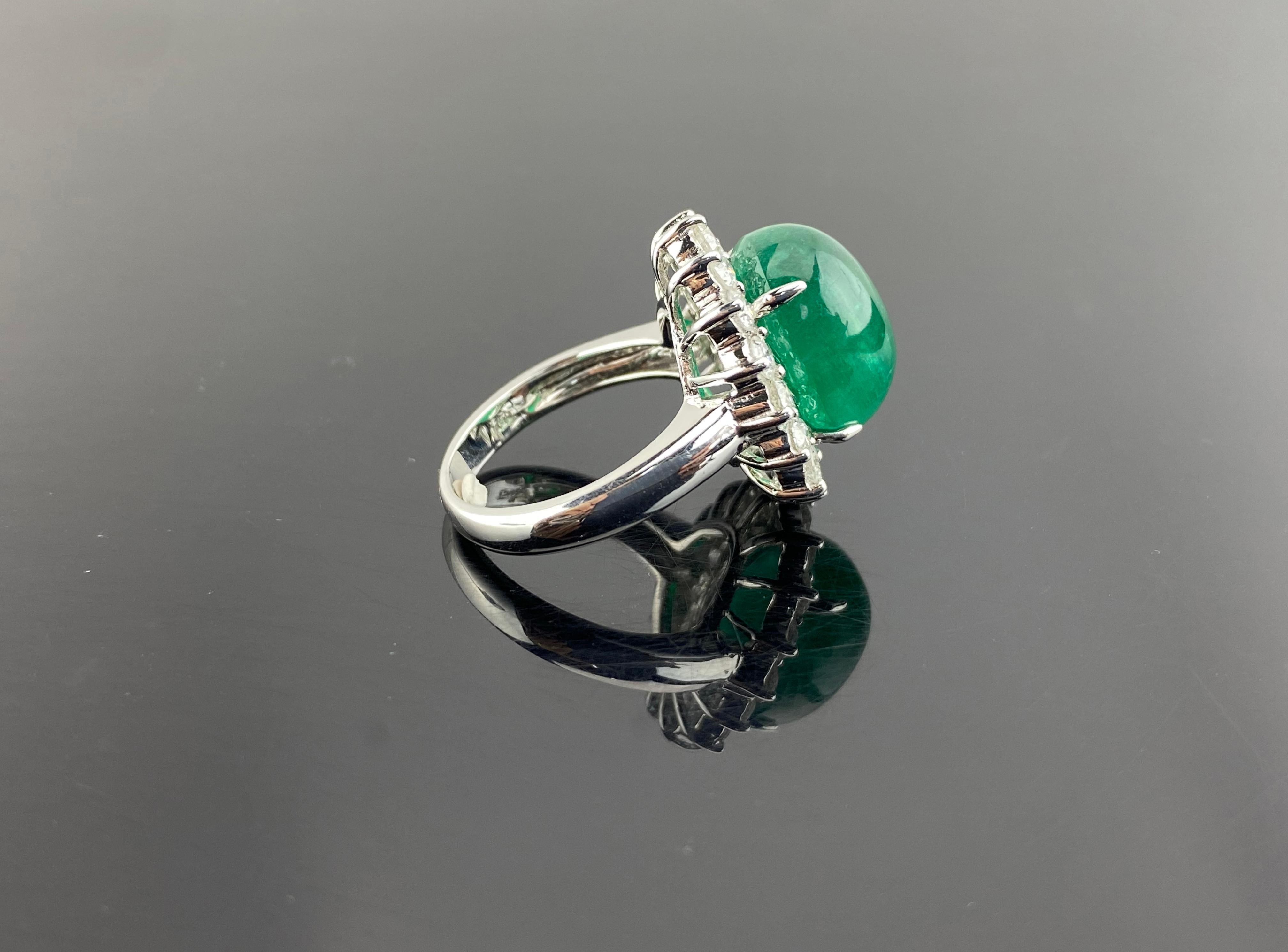 Modern 16.60 Carat Emerald Cabochon and Diamond Engagement Ring For Sale