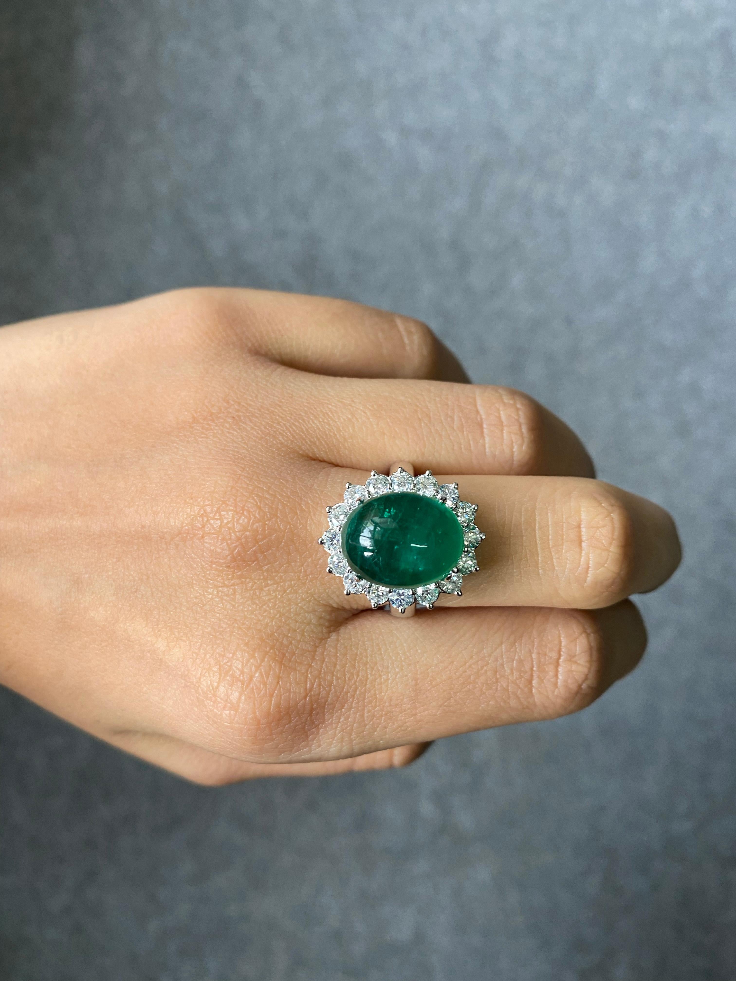 16.60 Carat Emerald Cabochon and Diamond Engagement Ring For Sale 1