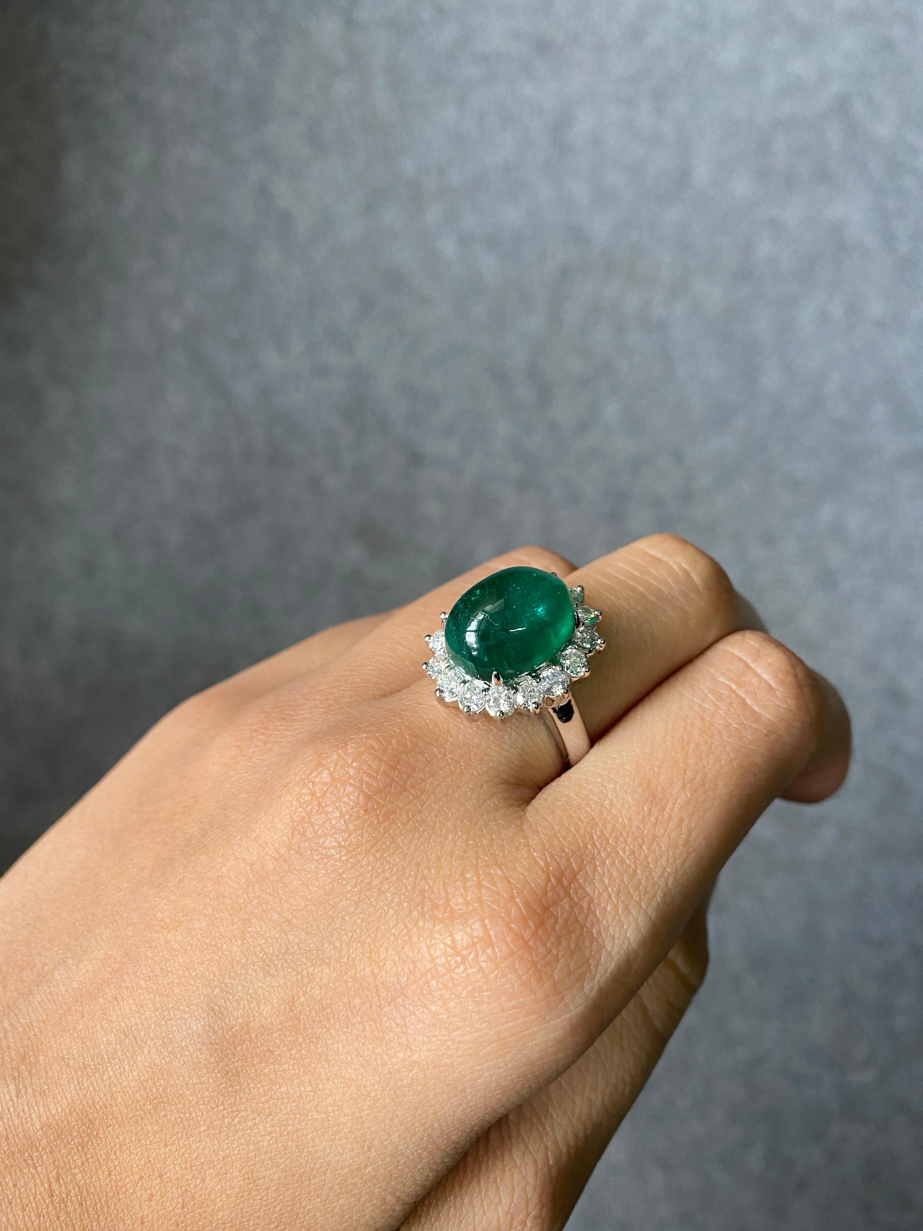 16.60 Carat Emerald Cabochon and Diamond Engagement Ring For Sale 2