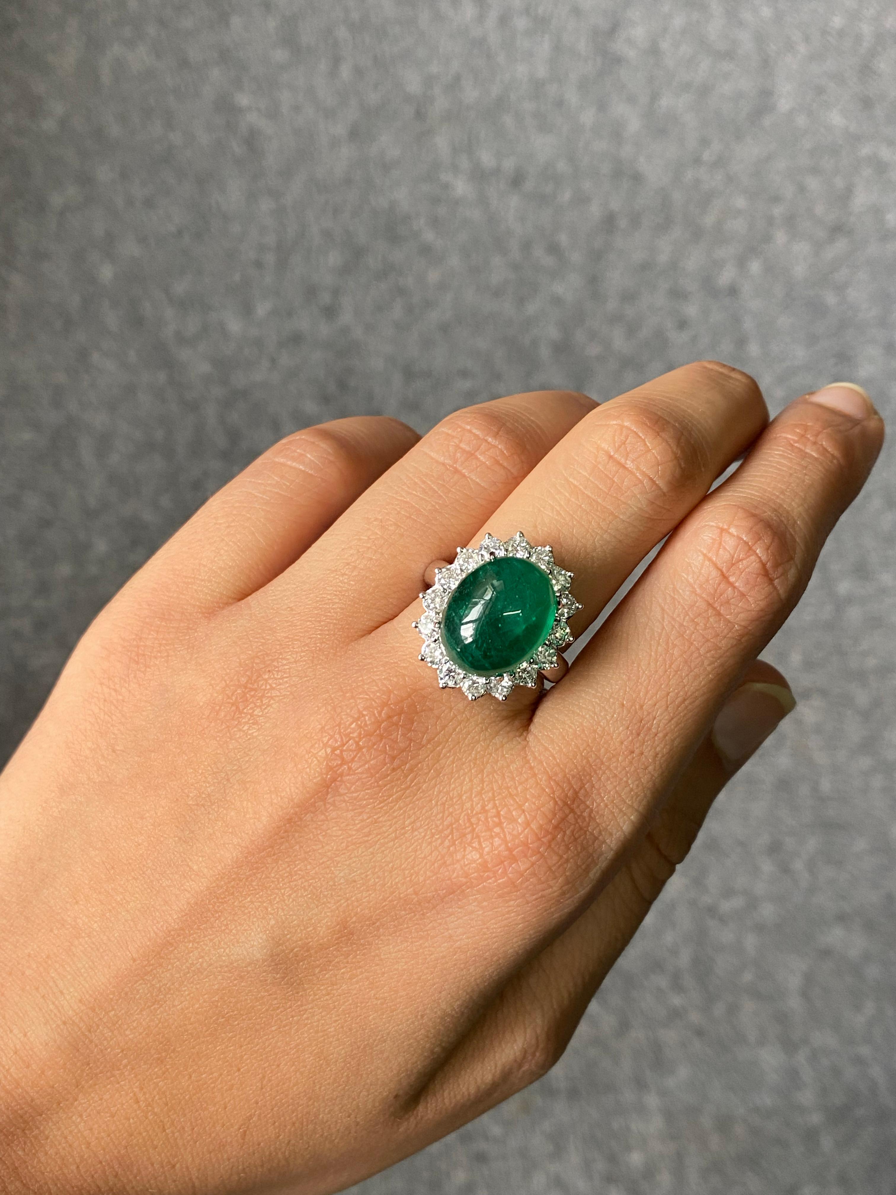 16.60 Carat Emerald Cabochon and Diamond Engagement Ring For Sale 3