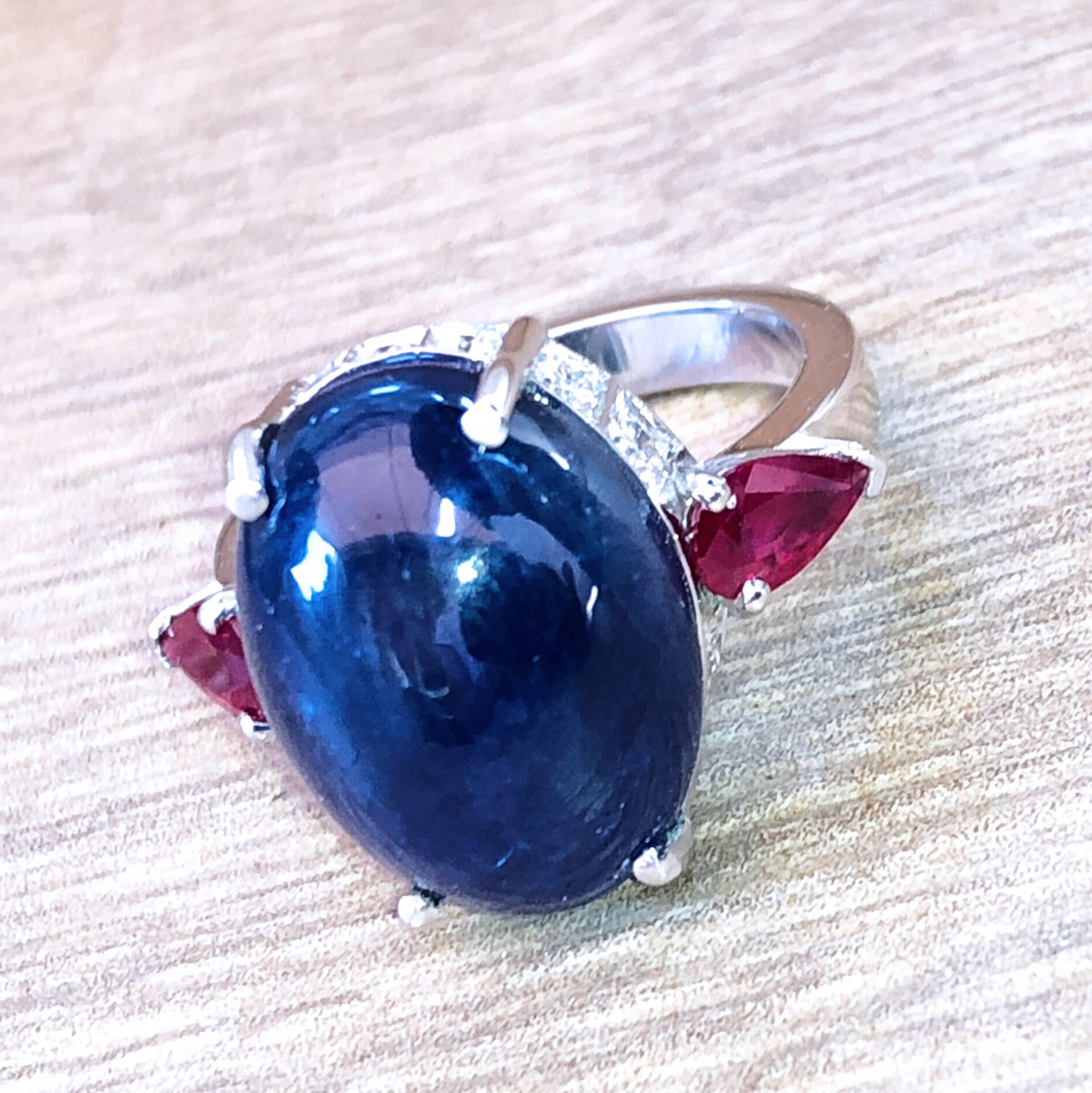 16.60 Carat Natural Oval Sapphire Cabochon Diamond Ruby Cocktail Ring 6