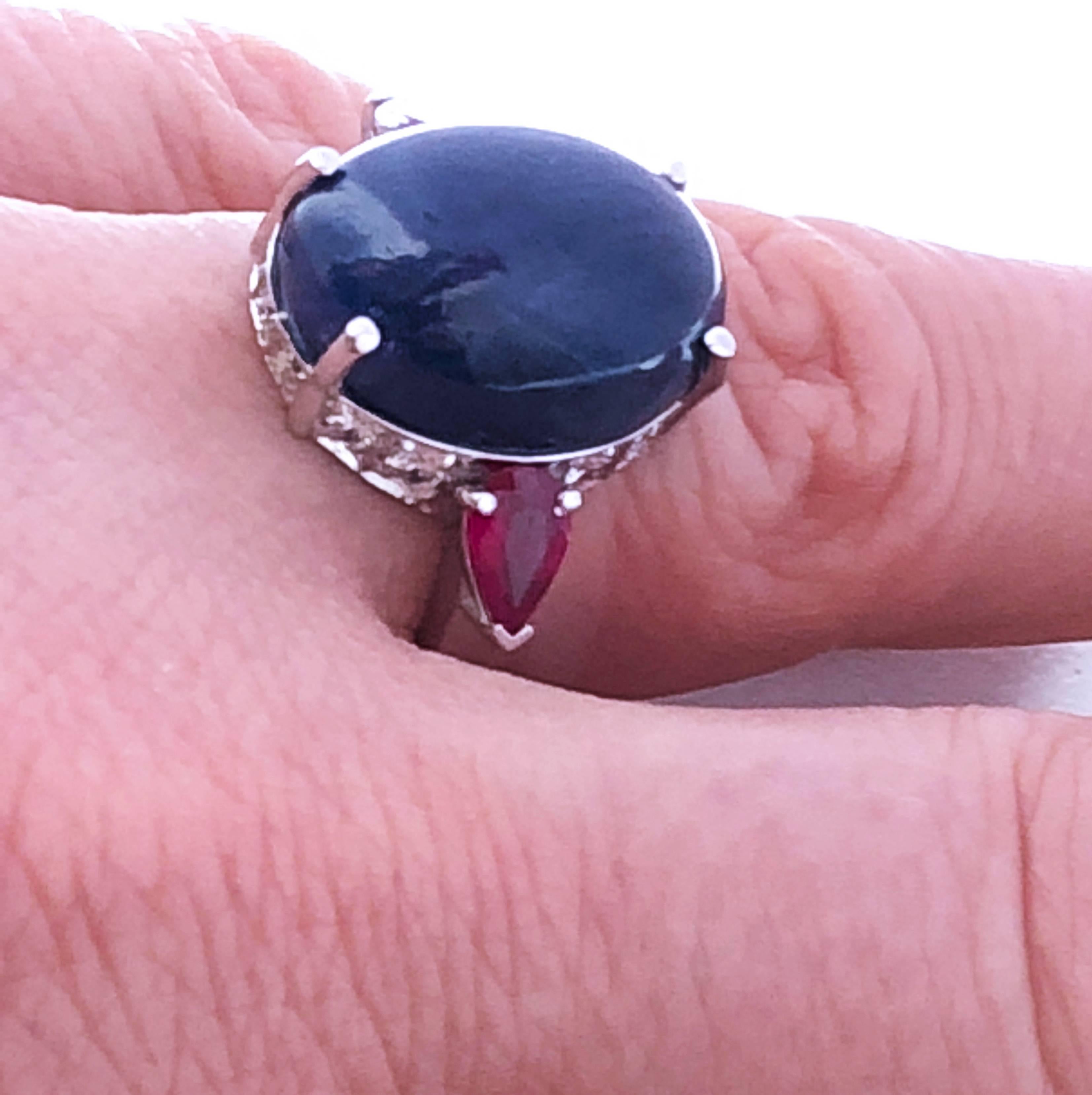 16.60 Carat Natural Oval Sapphire Cabochon Diamond Ruby Cocktail Ring 8