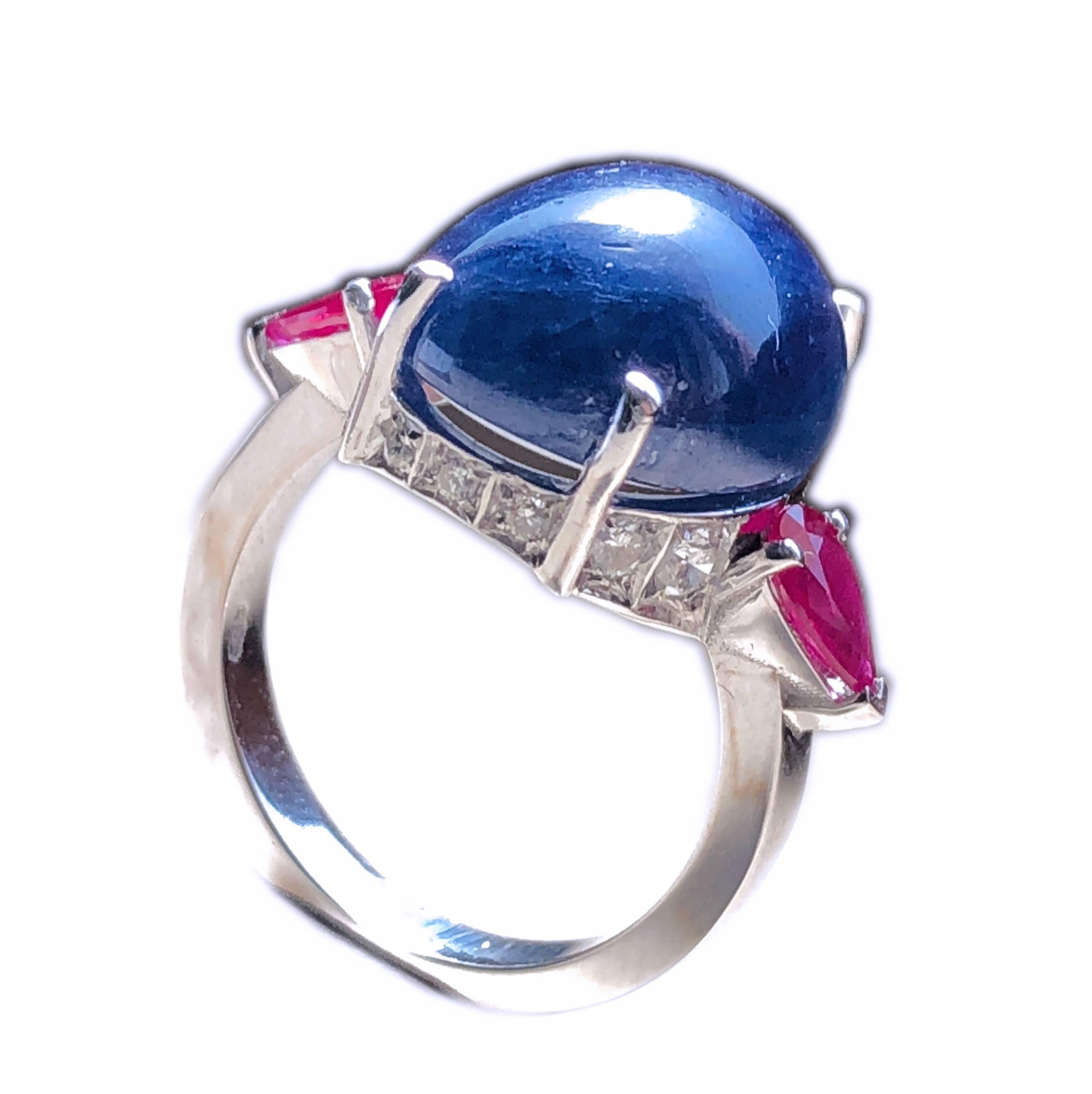 Oval Cut 16.60 Carat Natural Oval Sapphire Cabochon Diamond Ruby Cocktail Ring