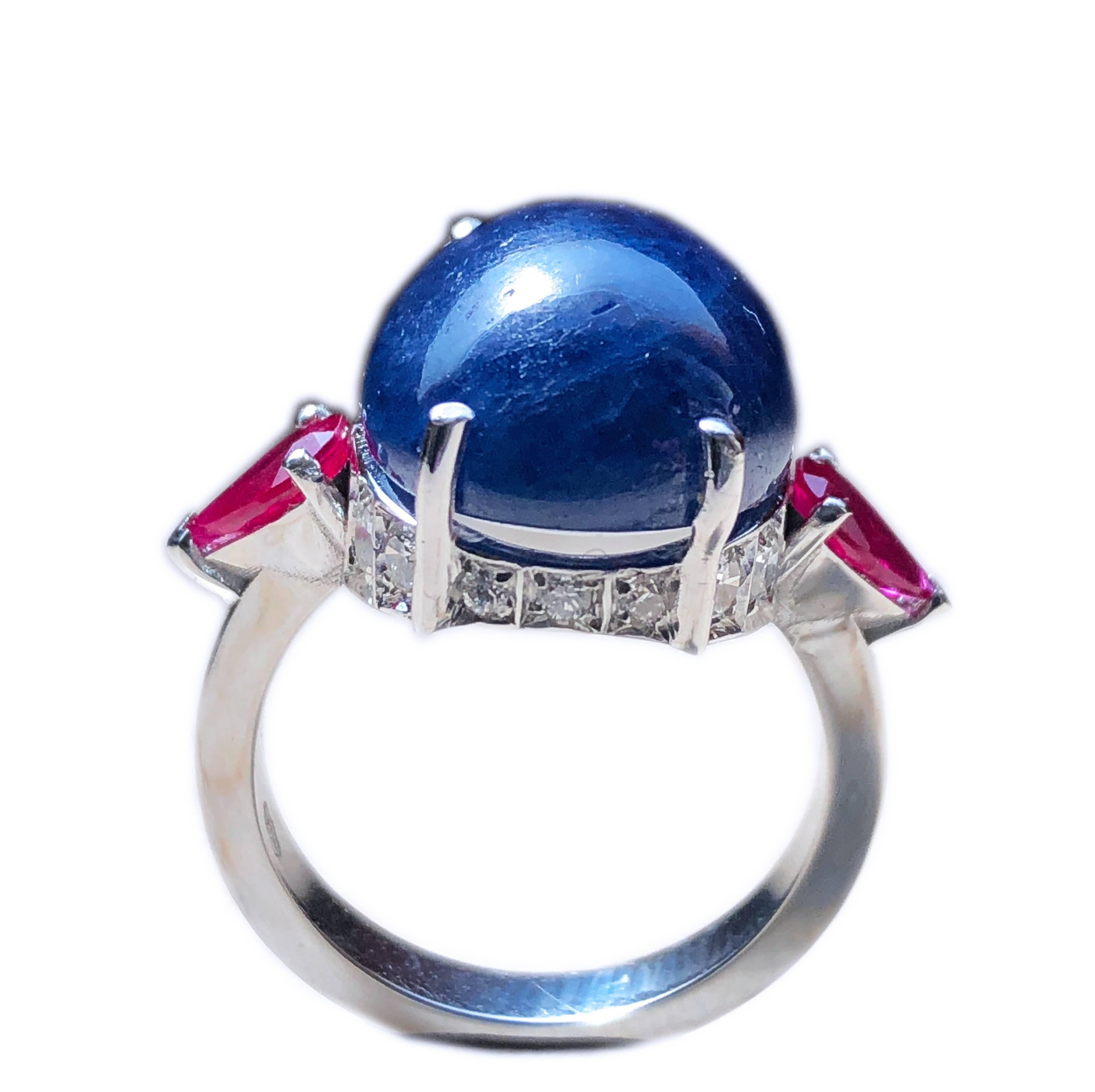 16.60 Carat Natural Oval Sapphire Cabochon Diamond Ruby Cocktail Ring 2