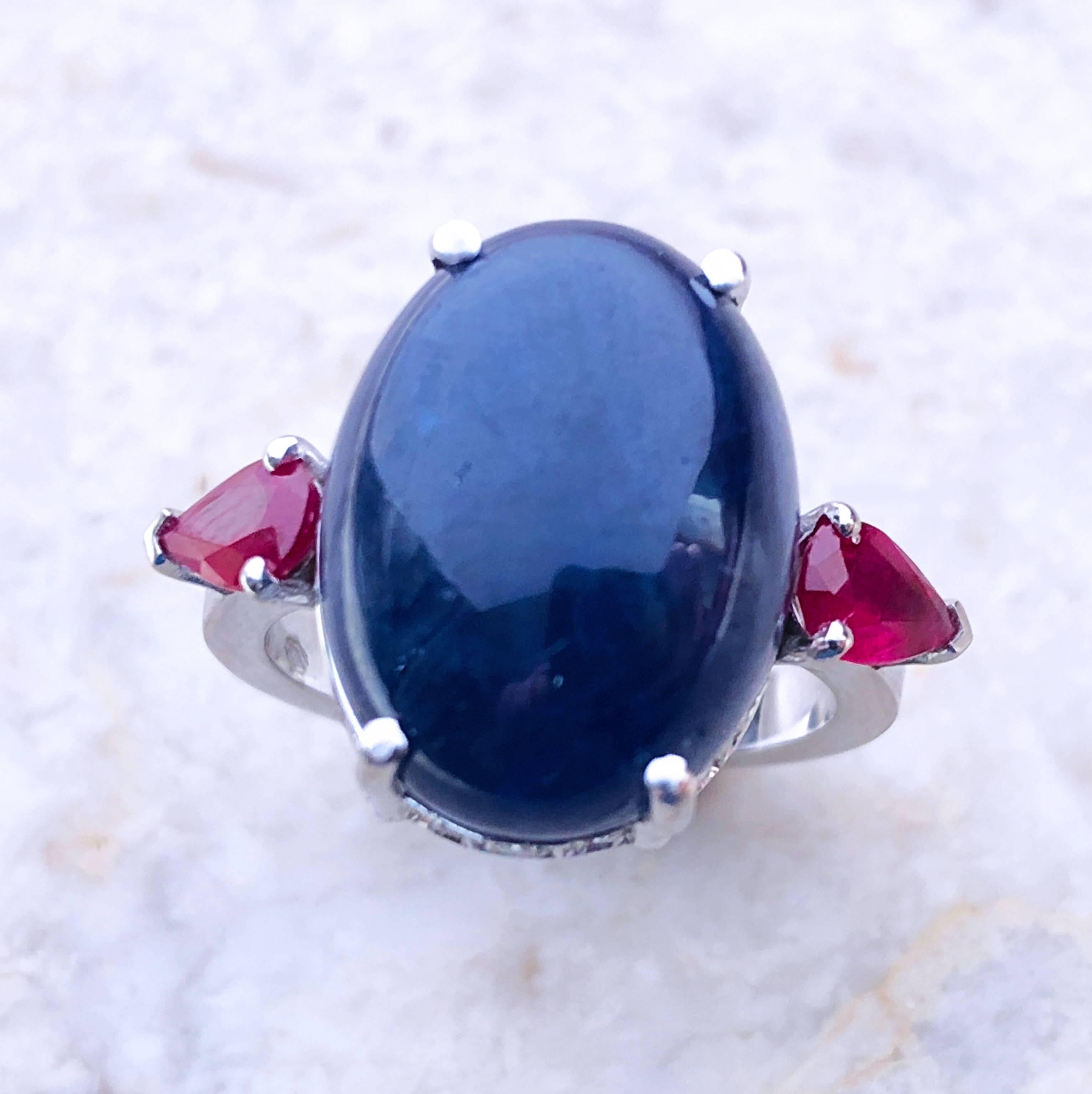 16.60 Carat Natural Oval Sapphire Cabochon Diamond Ruby Cocktail Ring 4