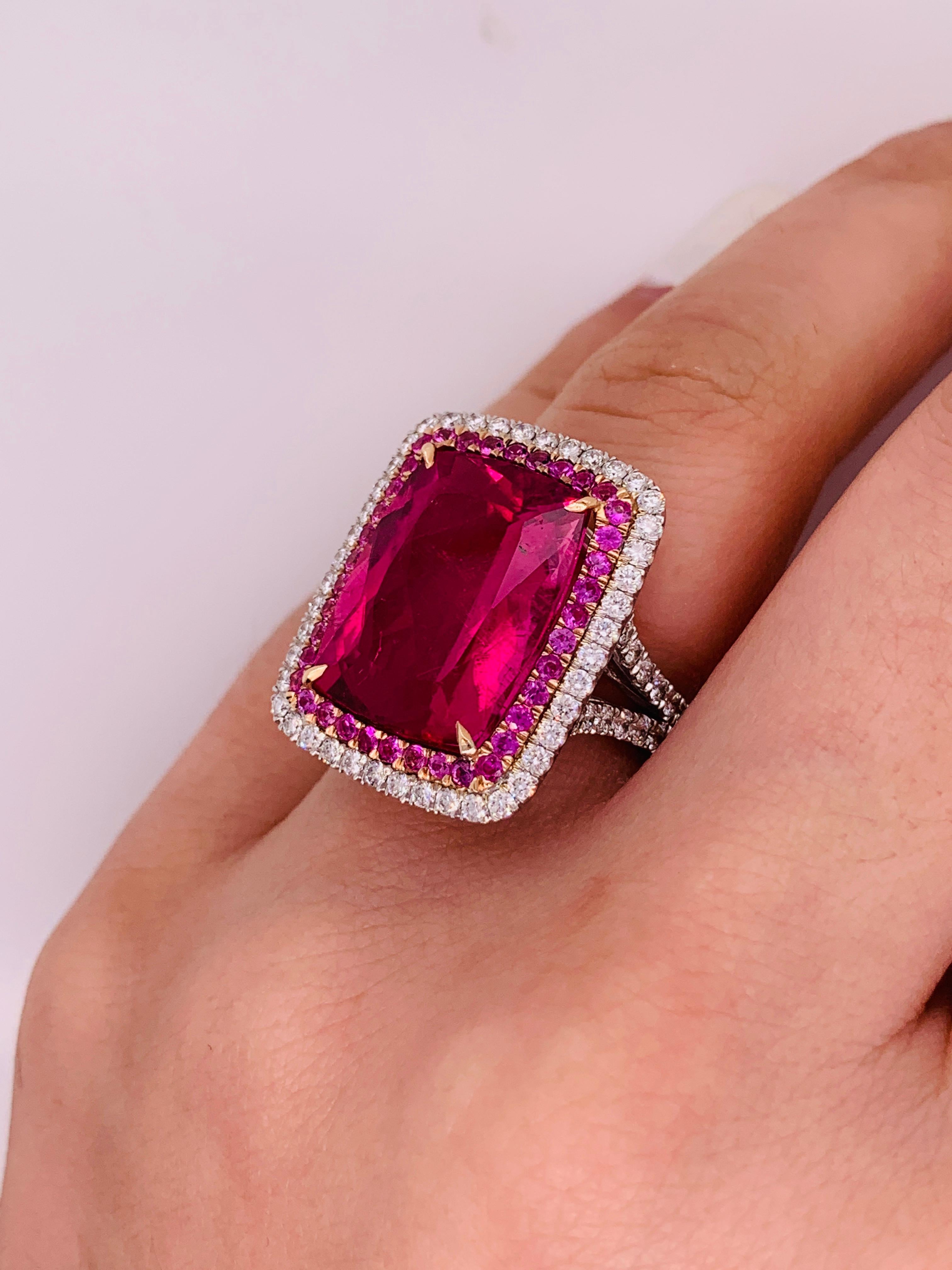Radiant Cut 16.60 Carat Pink Tourmaline and Diamond Ring