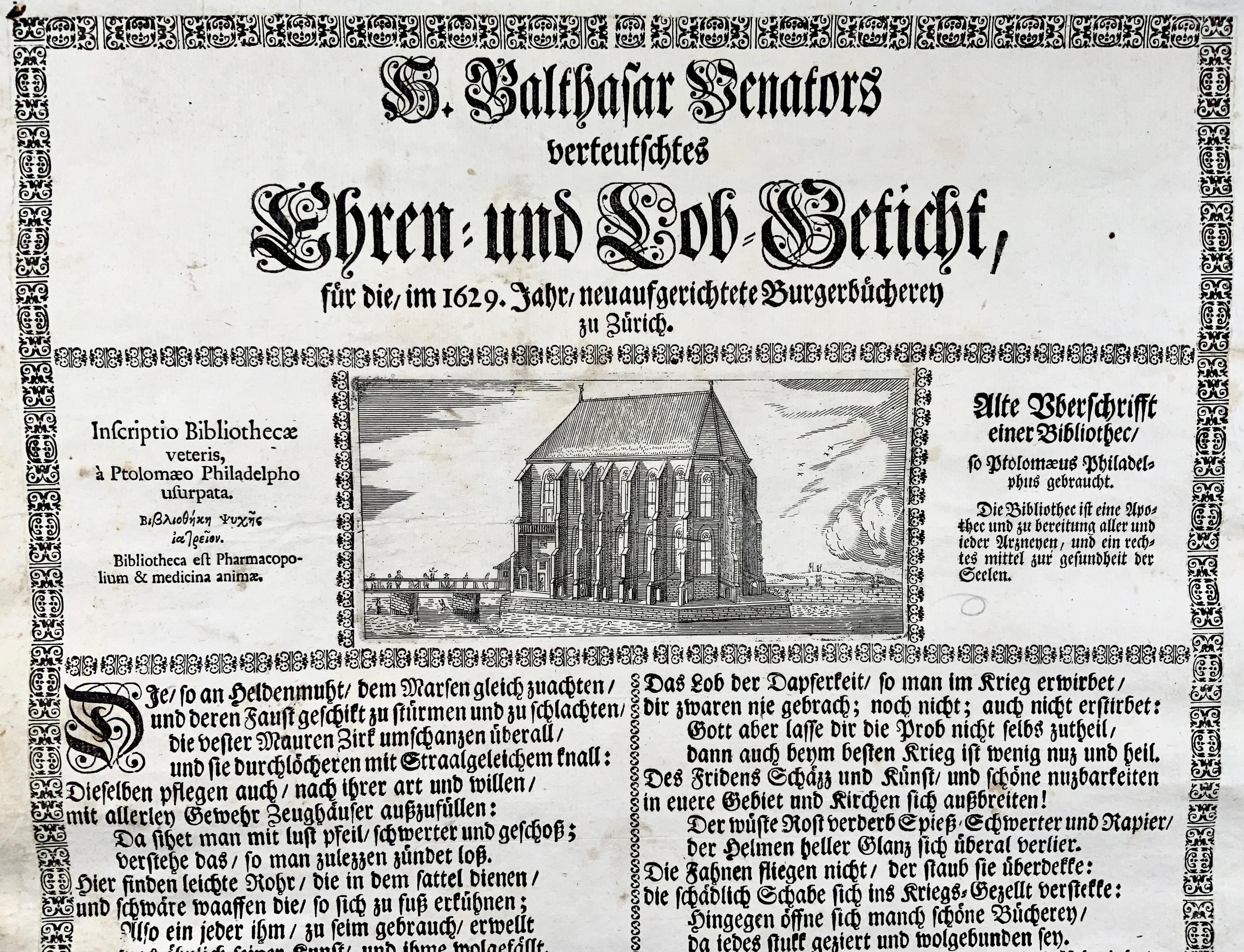Baroque 1661 Broadsheet, Ode to the City Library, Zurich, Switzerland, Bibliothecography For Sale
